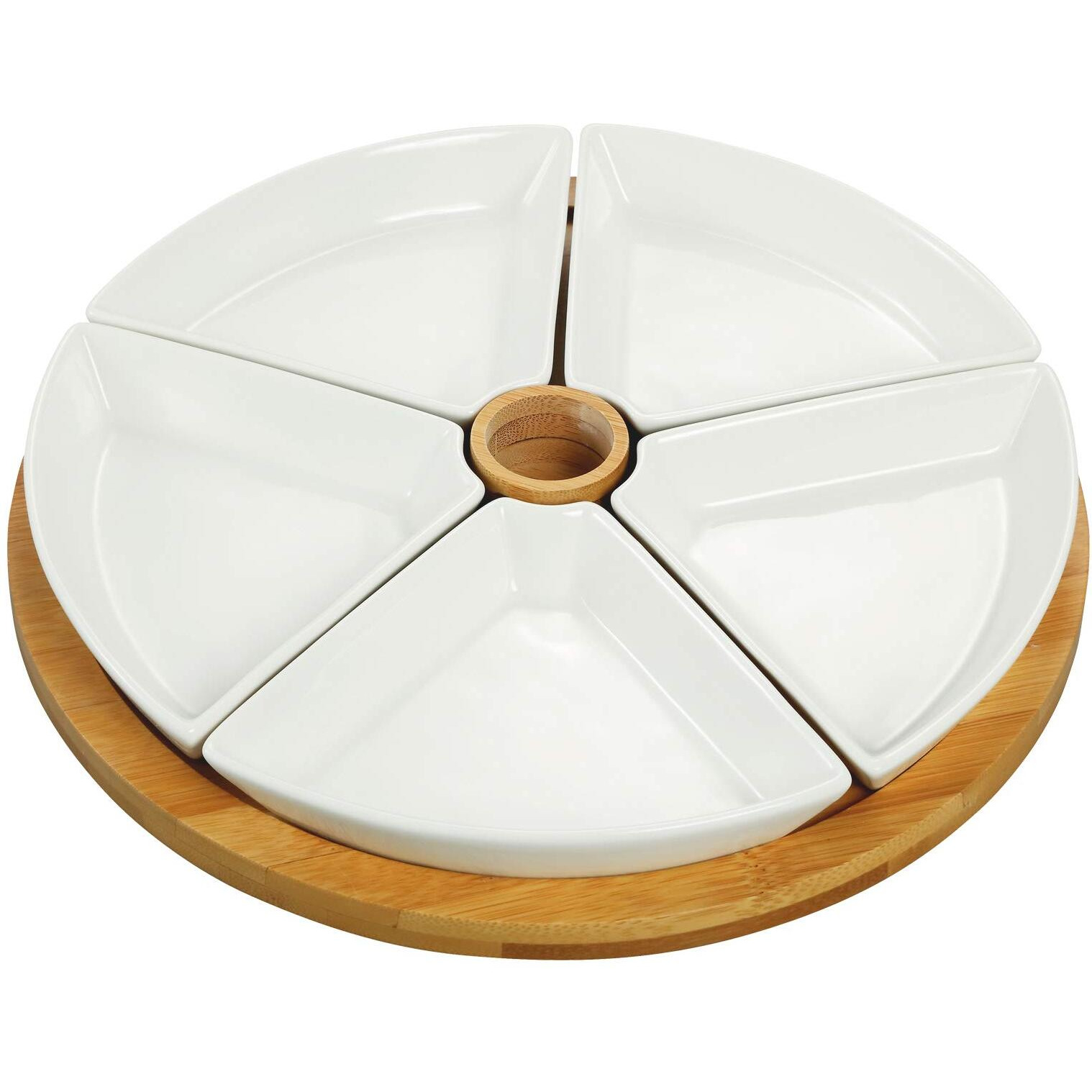Elama Ceramic Stoneware Condiment Appetizer Set, 7 Piece, Large Round In White And Natural Bamboo