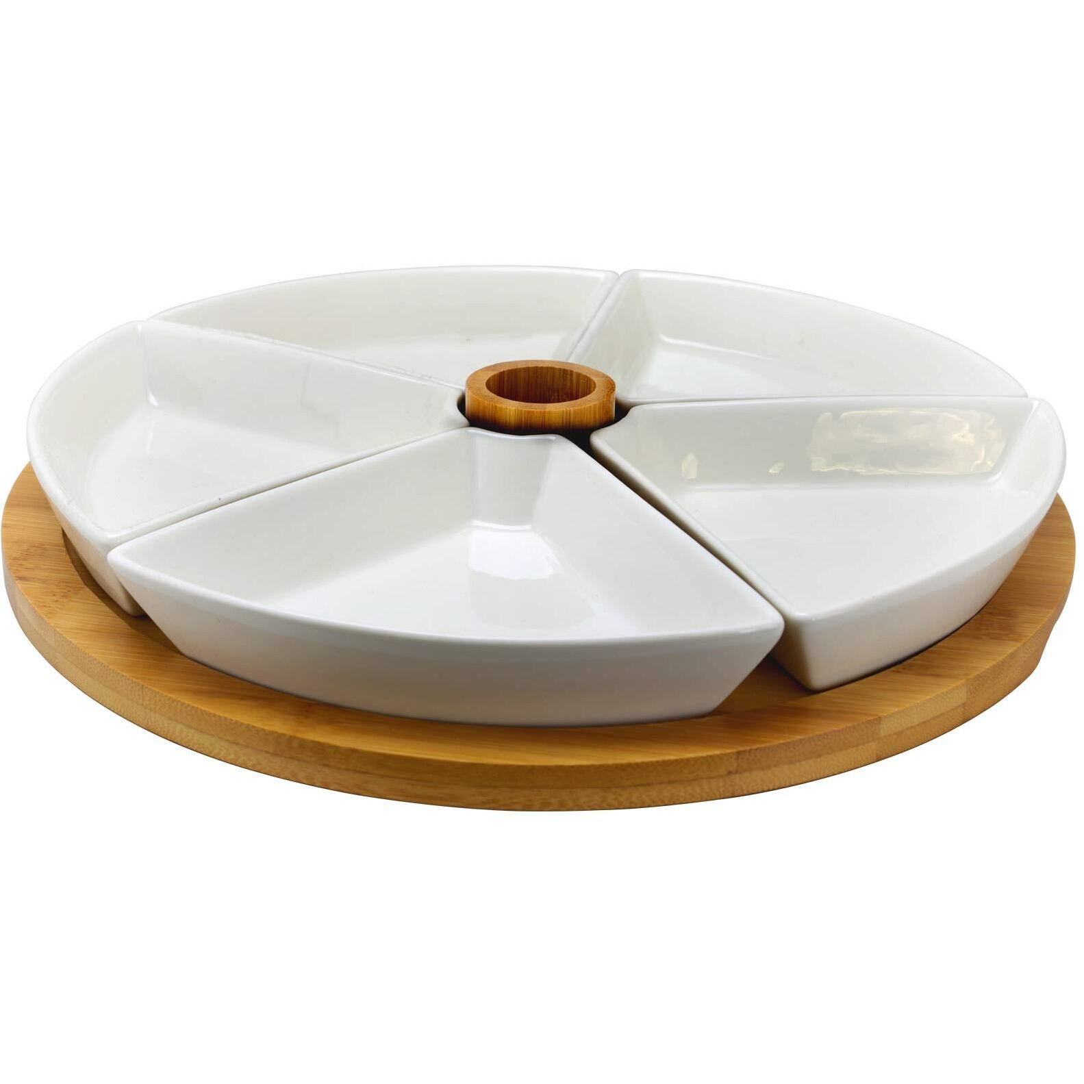 Elama Ceramic Stoneware Condiment Appetizer Set, 7 Piece, Large Round In White And Natural Bamboo