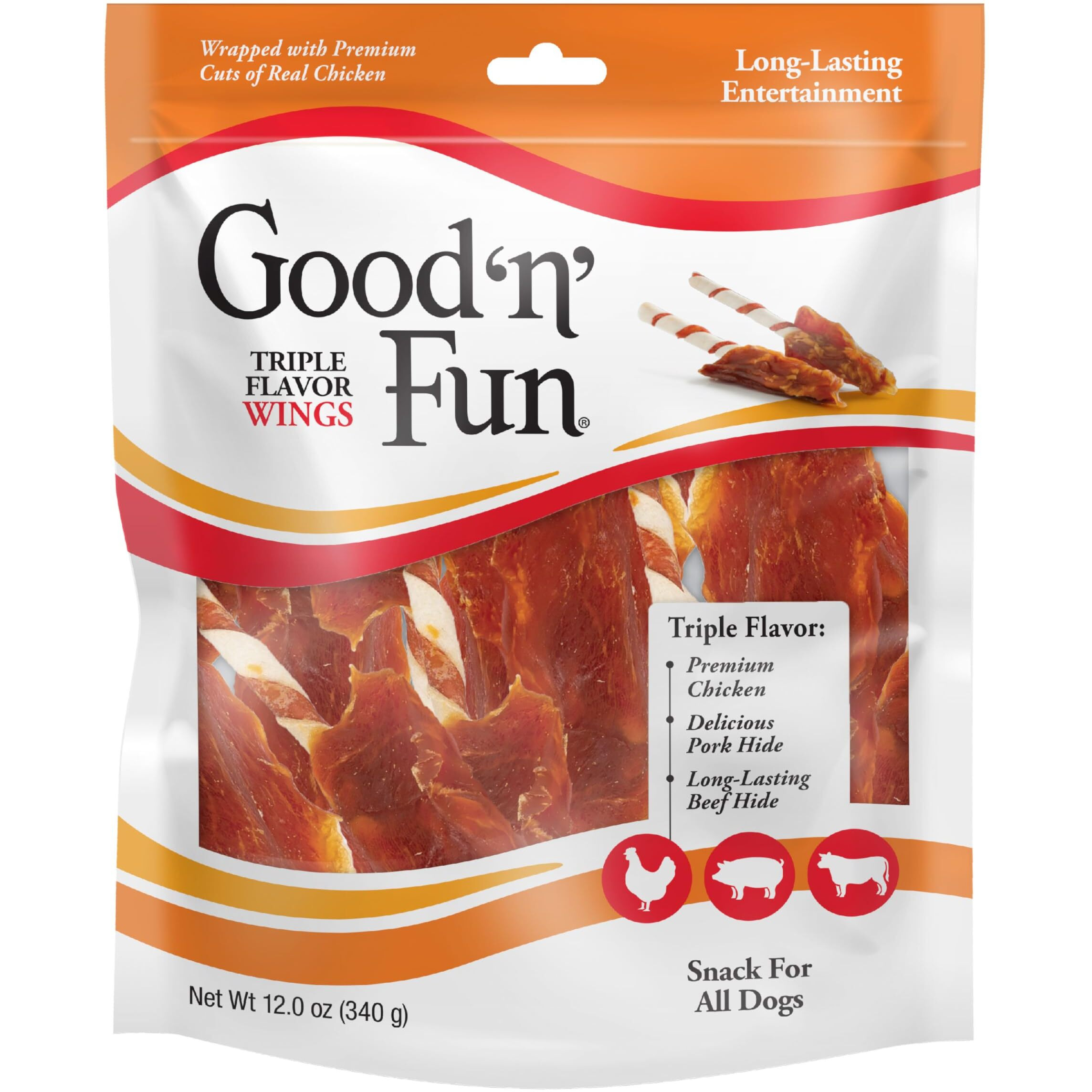 Good N Fun Triple Flavor Wings Chews For All Dogs, Treat Your Dog To Long-Lasting Chews Made With Chicken, Pork Hide And Beef Hide, 12 Ounces