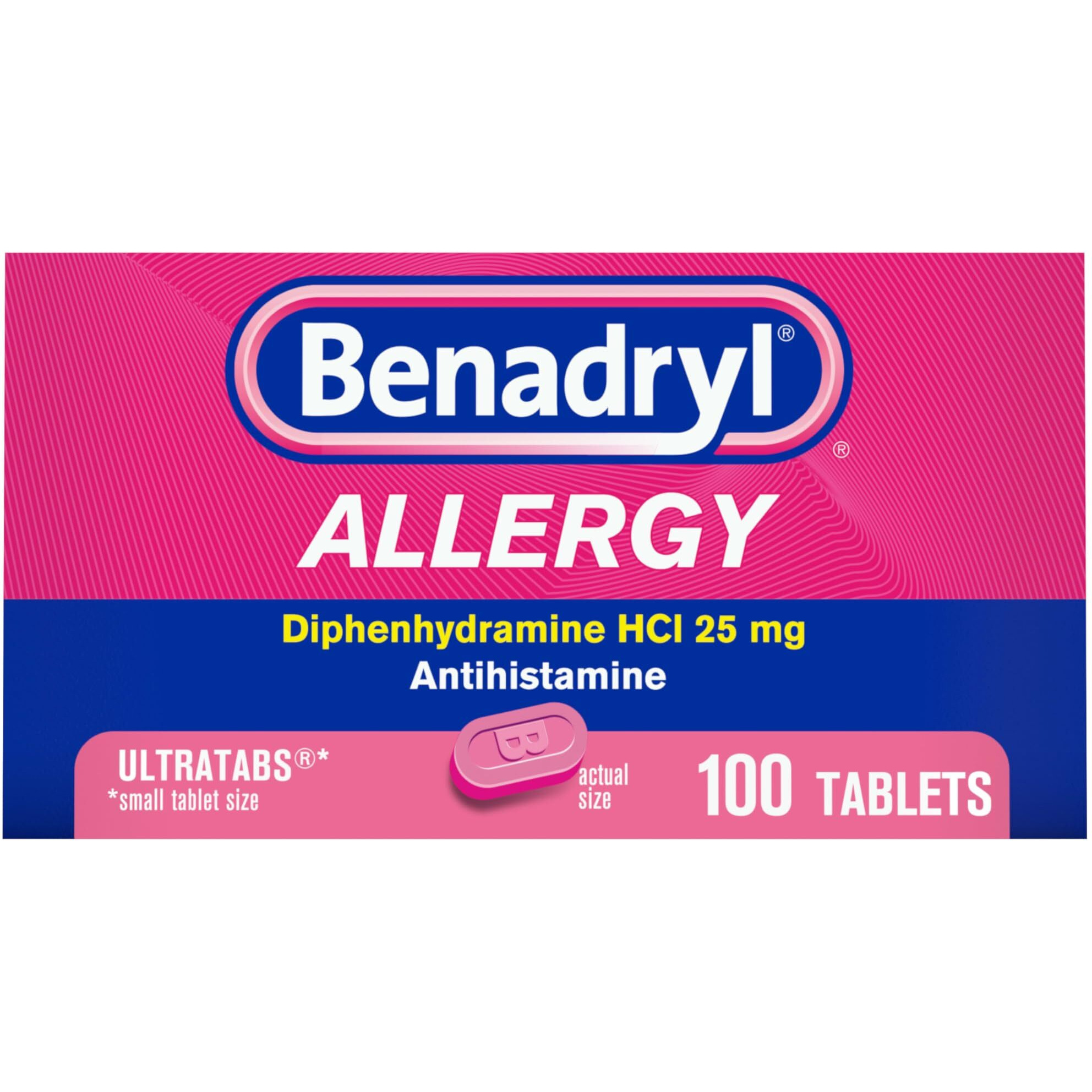 Benadryl Ultratabs Antihistamine Allergy Relief Medicine, Diphenhydramine Hcl Tablets For Relief Of Cold & Allergy Symptoms Such As Sneezing, Runny Nose, & Itchy Eyes & Throat, 100 Ct