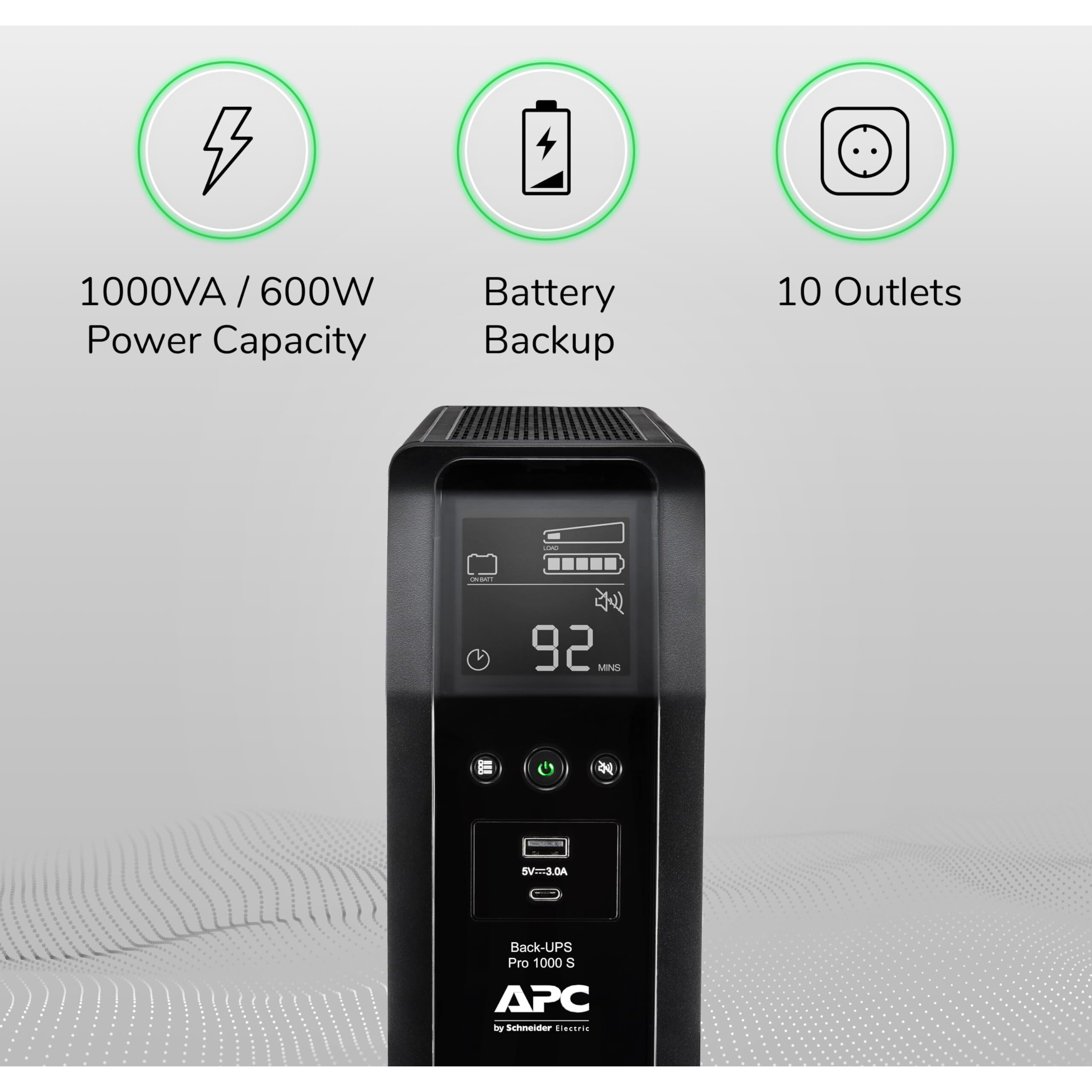 Apc Ups 1000Va Sine Wave Ups Battery Backup And Surge Protector, Br1000Ms Backup Battery Power Supply With Avr, (2) Usb Charger Ports
