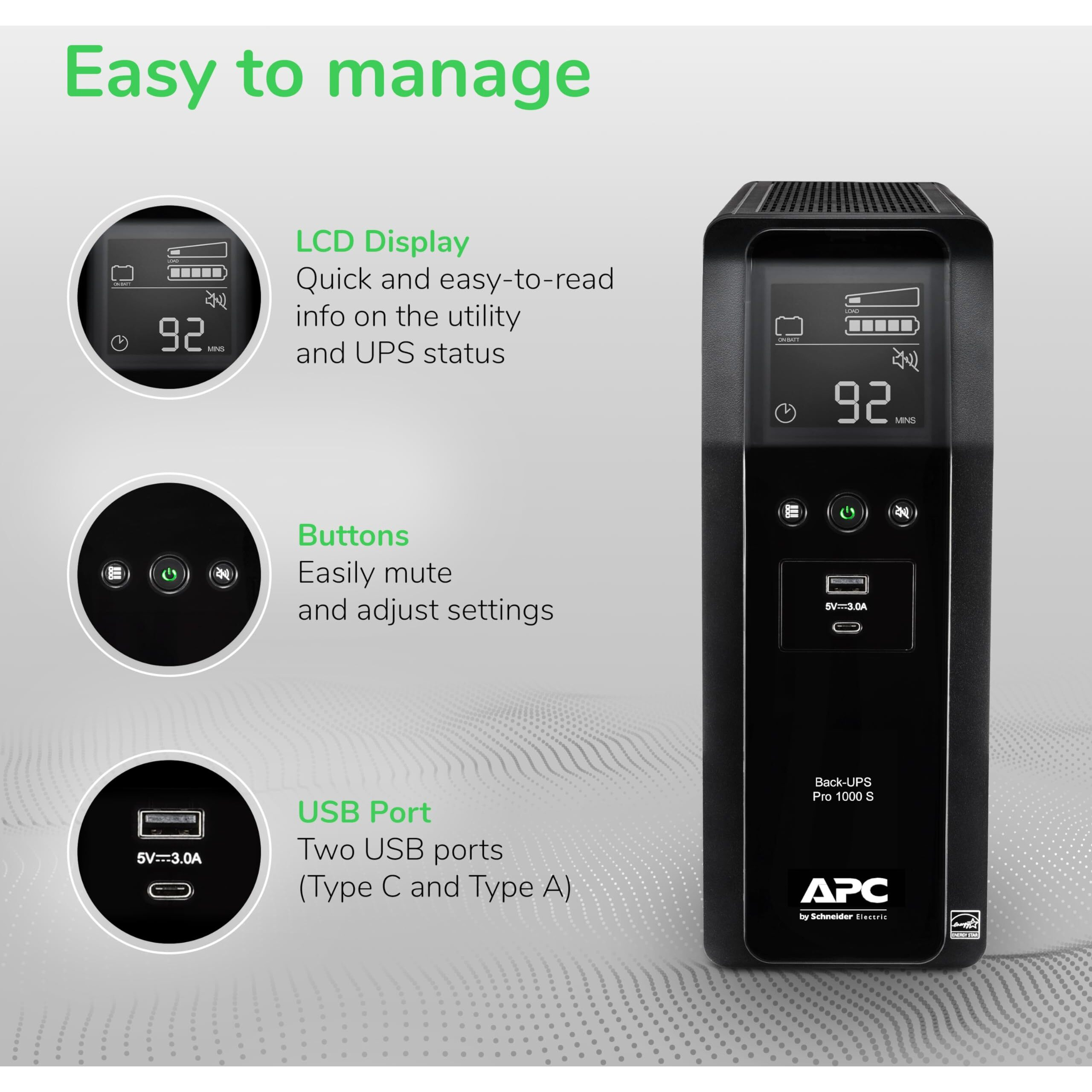 Apc Ups 1000Va Sine Wave Ups Battery Backup And Surge Protector, Br1000Ms Backup Battery Power Supply With Avr, (2) Usb Charger Ports
