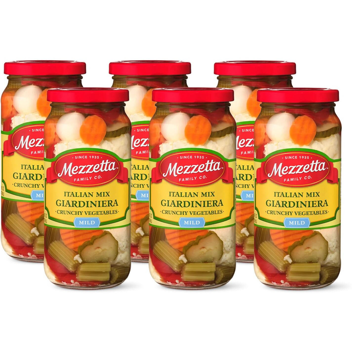 Mezzetta Italian Mix Giardiniera, Mild Heat | Gluten Free, Keto | 16 Fluid Ounce Jar (Pack Of 6)
