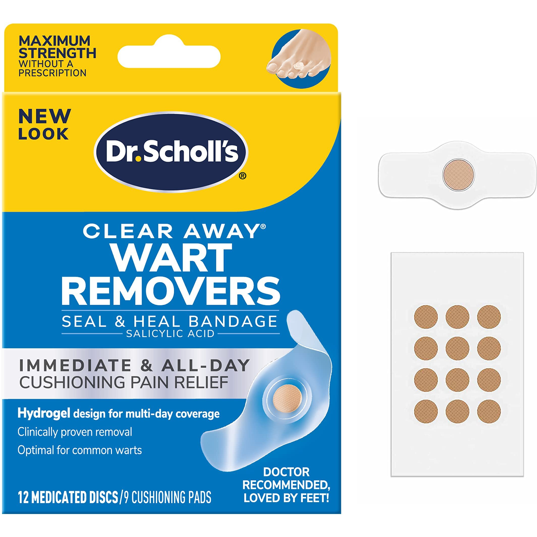 Dr. Scholl's Clear Away Wart Remover Hydrogel Bandage // 12 Discs/9 Cushions, Clinically Proven, Immediate & All-Day Cushioning Pain Relief, Multi-Day Coverage, 12 Treatments