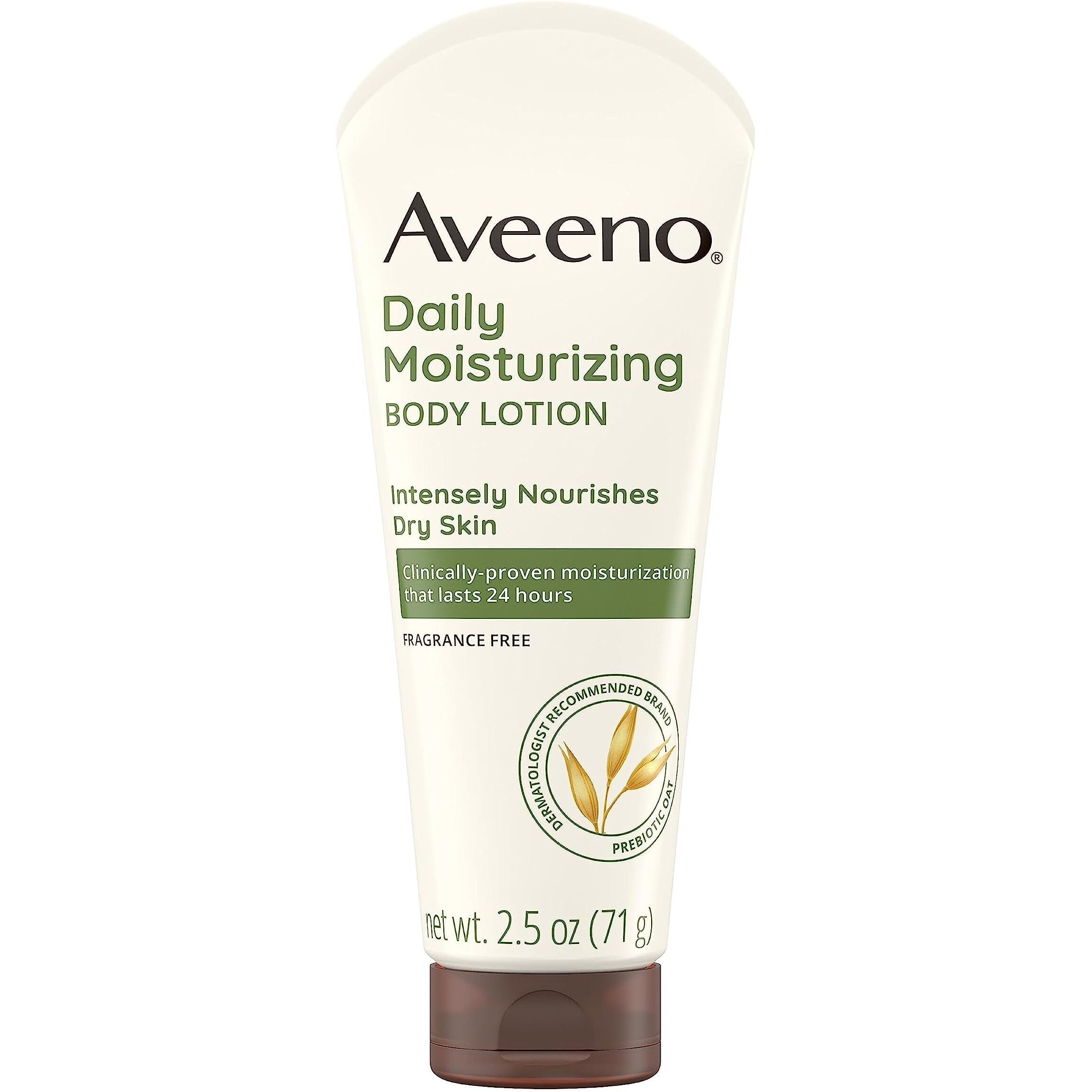 Aveeno Daily Moisturizing Body Lotion With Soothing Prebiotic Oat, Gentle Lotion Nourishes Dry Skin With Moisture, Paraben-, Dye- & Fragrance-Free, Non-Greasy & Non-Comedogenic, 2.5 Fl. Oz