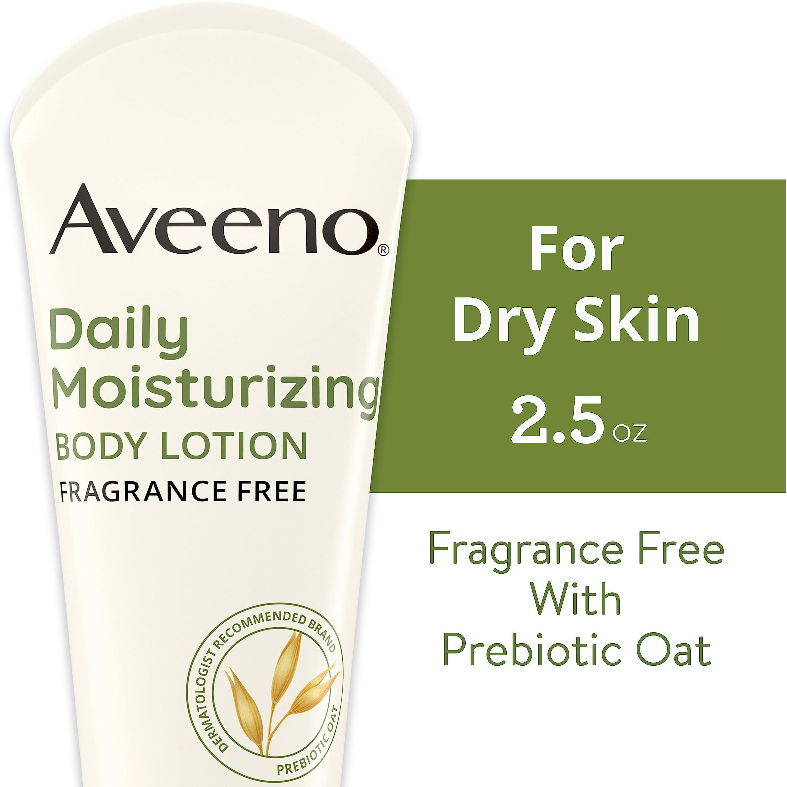 Aveeno Daily Moisturizing Body Lotion With Soothing Prebiotic Oat, Gentle Lotion Nourishes Dry Skin With Moisture, Paraben-, Dye- & Fragrance-Free, Non-Greasy & Non-Comedogenic, 2.5 Fl. Oz