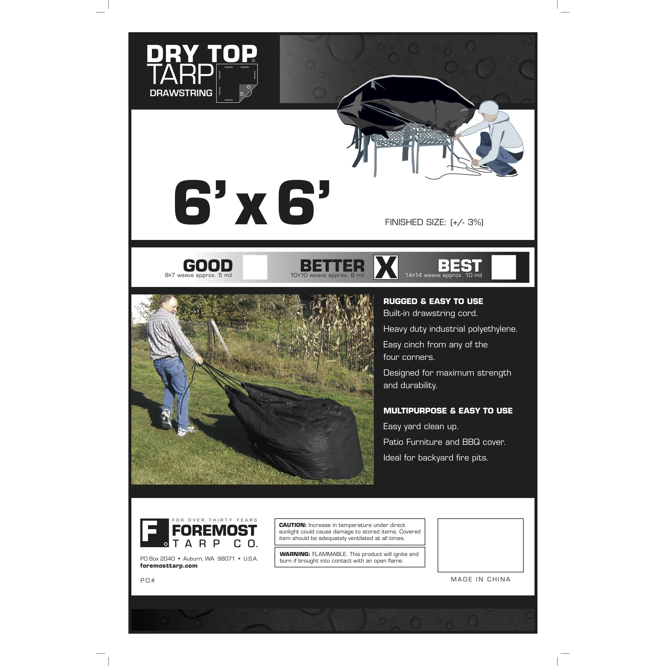 6' X 6' Dry Top Black Drawstring 8-Mil Poly Tarp Item 500660
