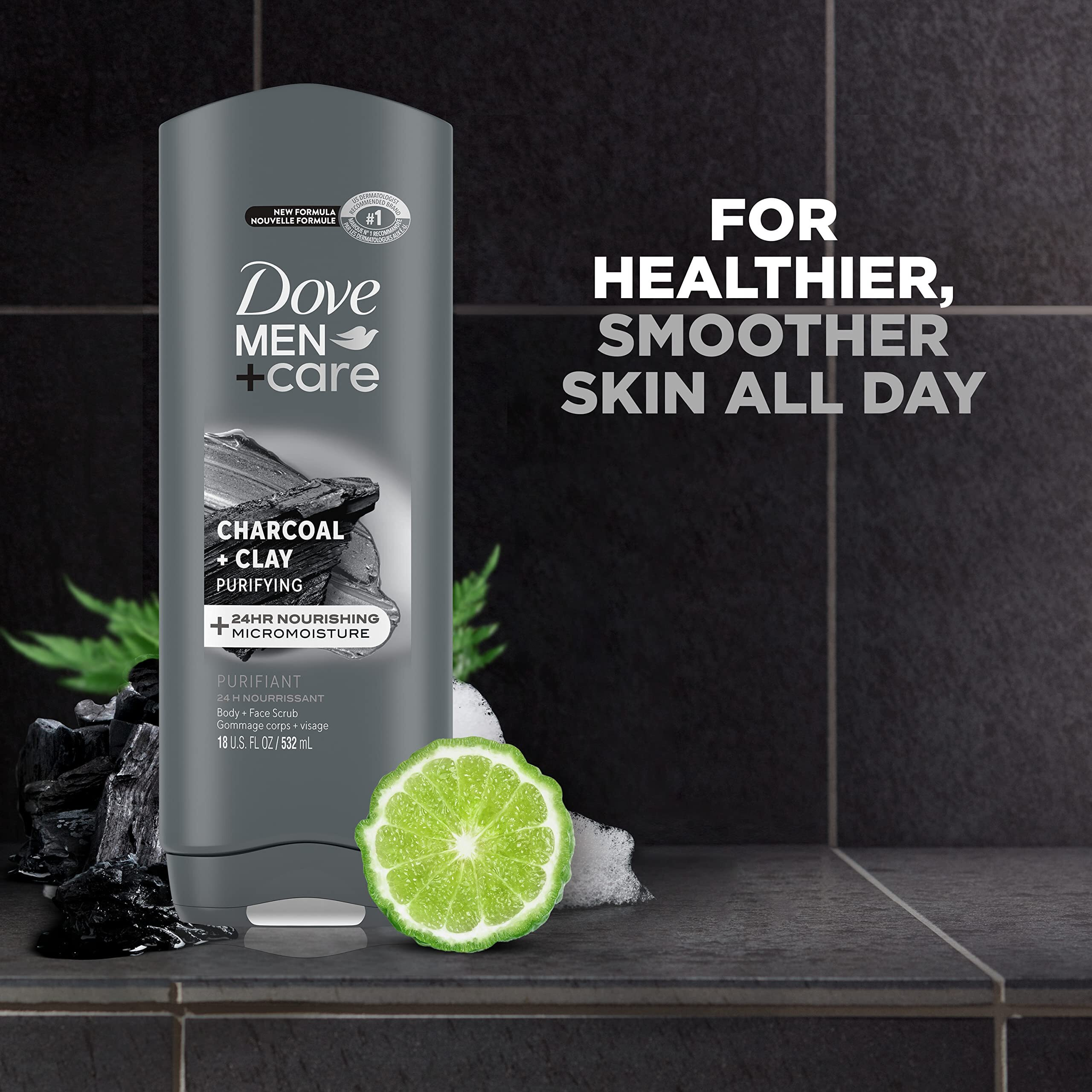 Dove Body And Face Wash Purifying Charcoal + Clay Body Wash For Men With 24-Hour Nourishing Micromoisture Technology 18 Oz