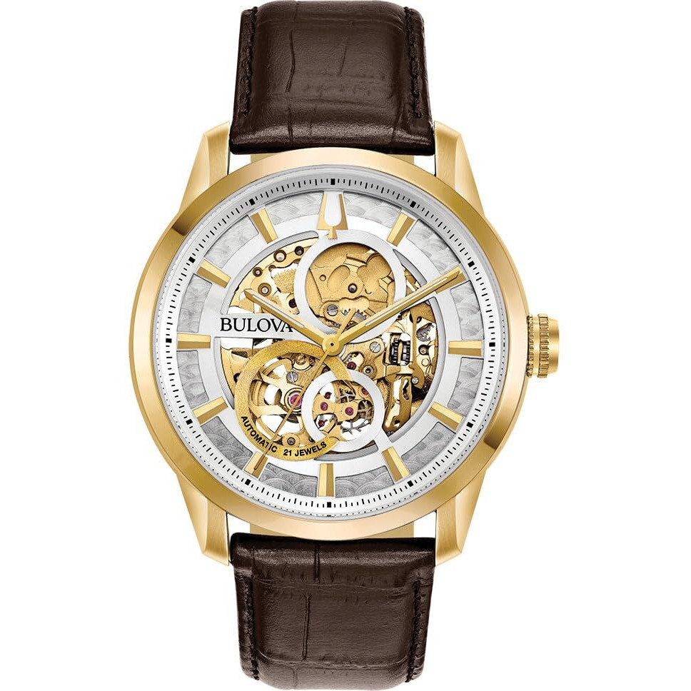 Bulova Men's Classic Sutton Automatic Skeleton Dial Brown Leather Strap Watch | 43Mm | 97A138