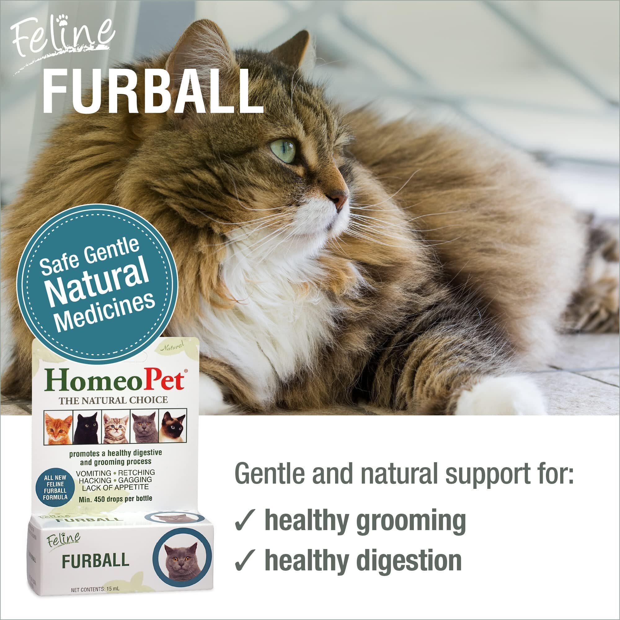 Homeopet Feline Furball, Safe And Natural Hairball Medicine For Cats, Natural Pet Medicine, 15 Milliliters