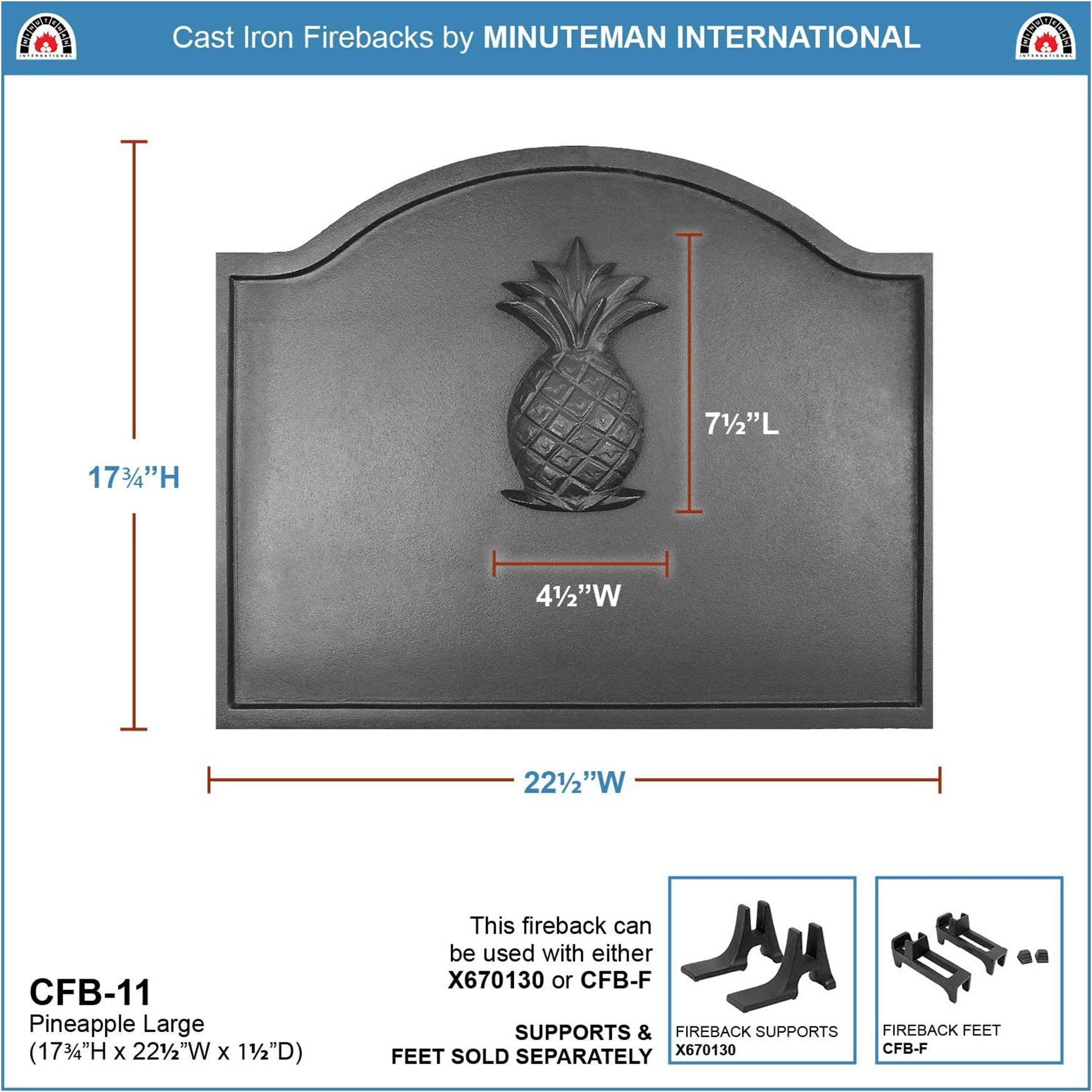 Minuteman International Pineapple Cast Iron Fireback, Large