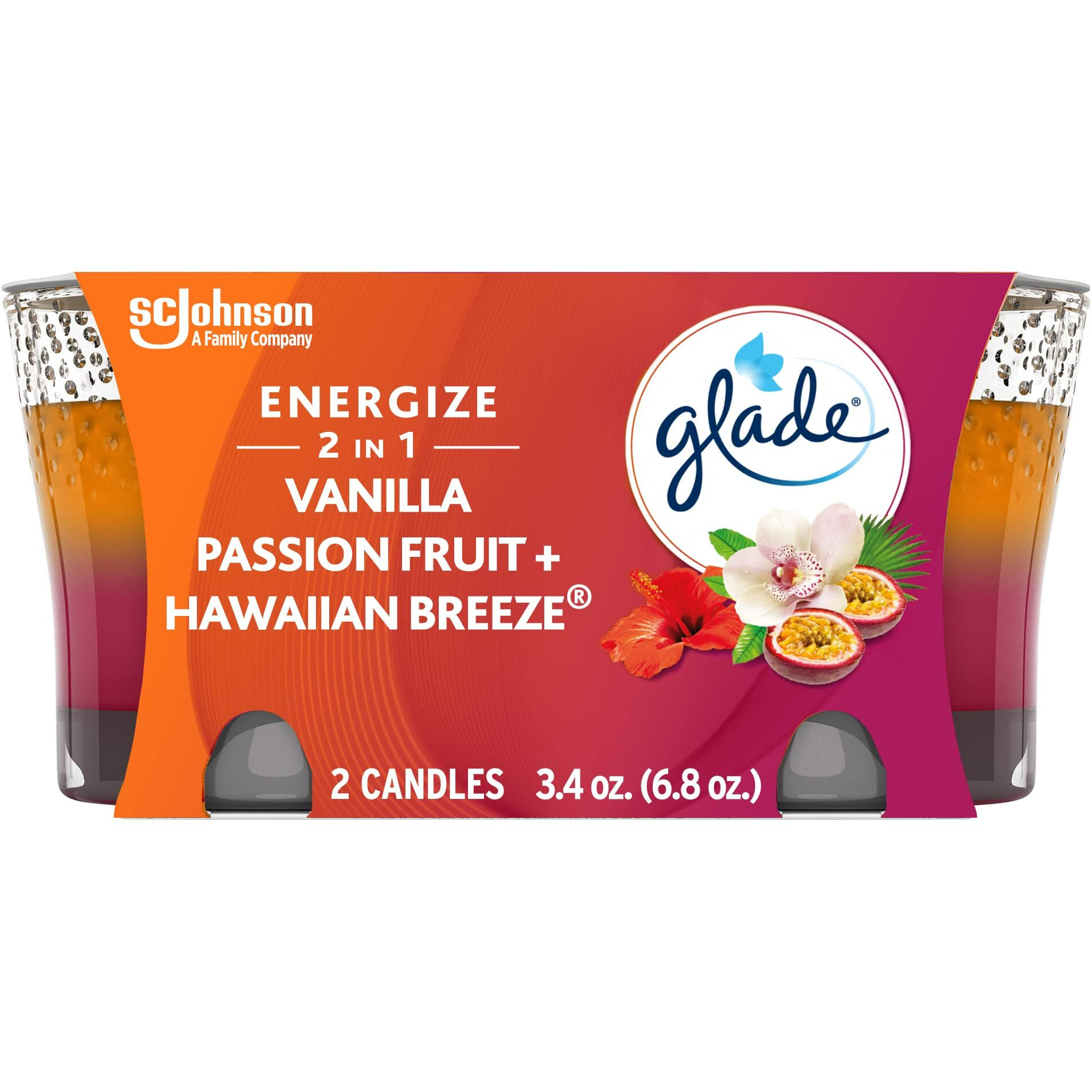 Glade Candle Jar, Air Freshener, 2In1, Hawaiian Breeze & Vanilla Passion Fruit, 3.4 Oz, 2 Count
