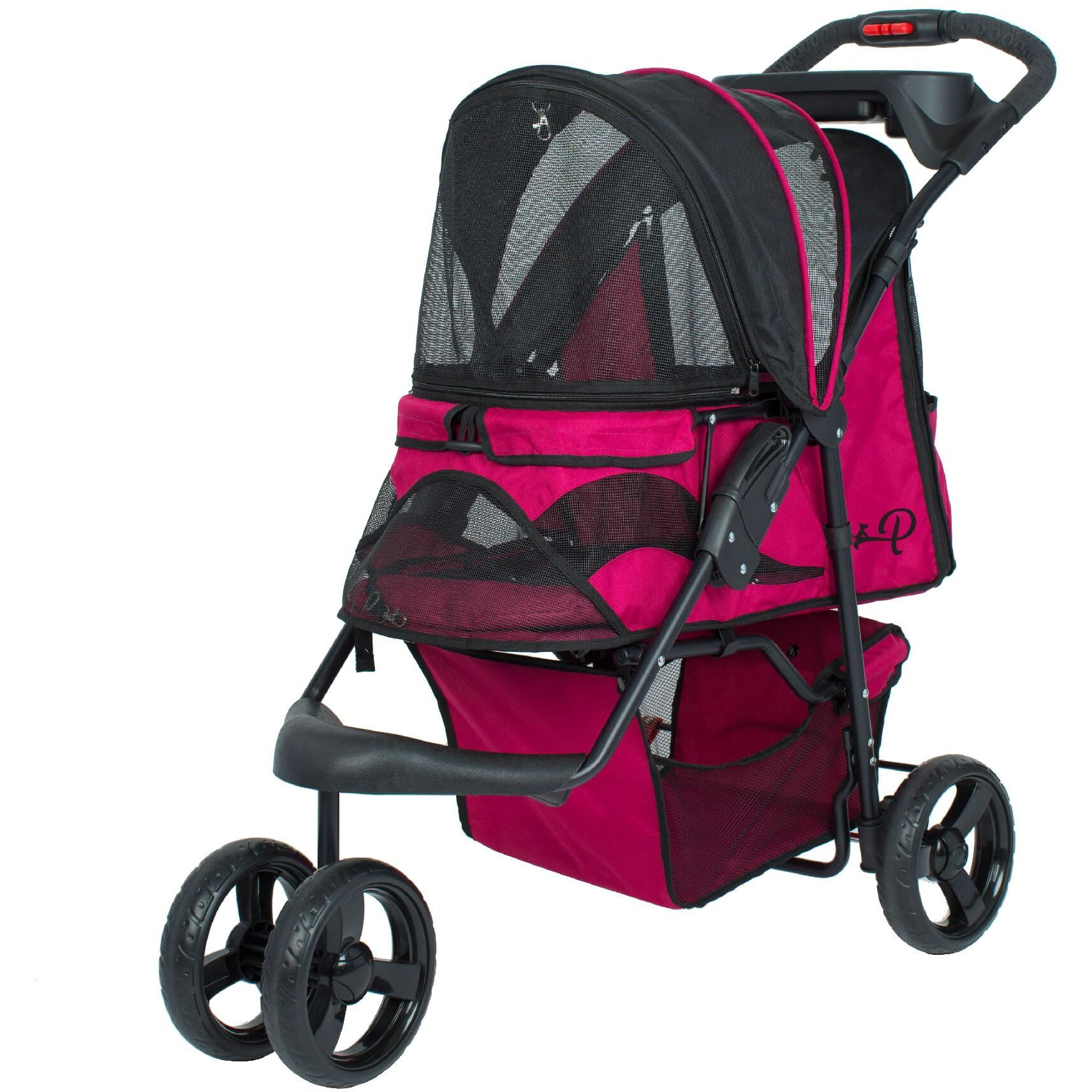 Petique Durable Pet Stroller, Easy Fold, Quality Mesh Windows, Large Storage Basket, Secure Cup Holder Tray, For Small To Medium Dog, Cat, Bunny, Supports Pets Up To 55Lbs - Razzberry