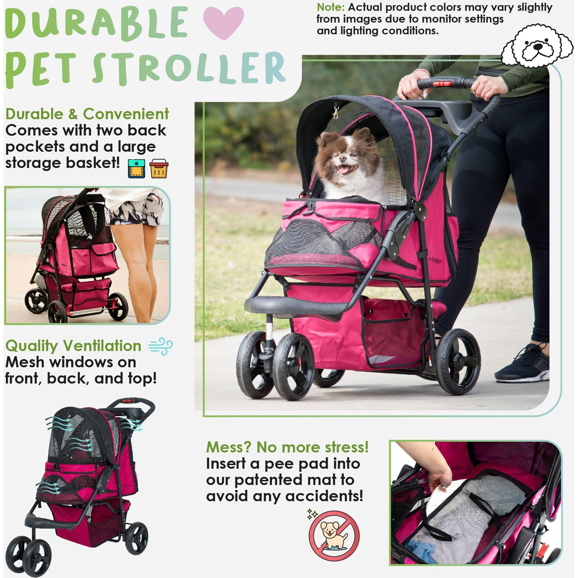 Petique Durable Pet Stroller, Easy Fold, Quality Mesh Windows, Large Storage Basket, Secure Cup Holder Tray, For Small To Medium Dog, Cat, Bunny, Supports Pets Up To 55Lbs - Razzberry