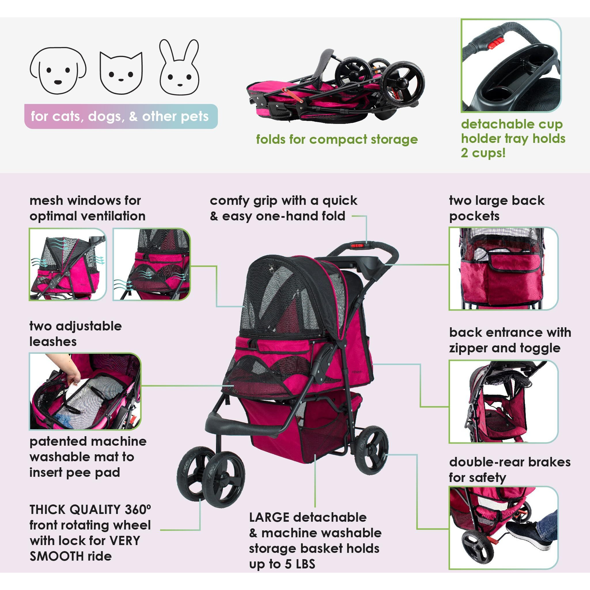 Petique Durable Pet Stroller, Easy Fold, Quality Mesh Windows, Large Storage Basket, Secure Cup Holder Tray, For Small To Medium Dog, Cat, Bunny, Supports Pets Up To 55Lbs - Razzberry