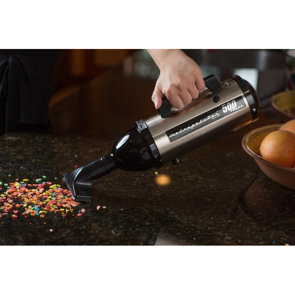 Metrovac Vm4Sb500 Evolution Hand Vacuum, 120V, 504W, Powerful, Lightweight, All-Steel, Easy Cleanups For Home, Office, Car, Satin Nickel/Black Finish