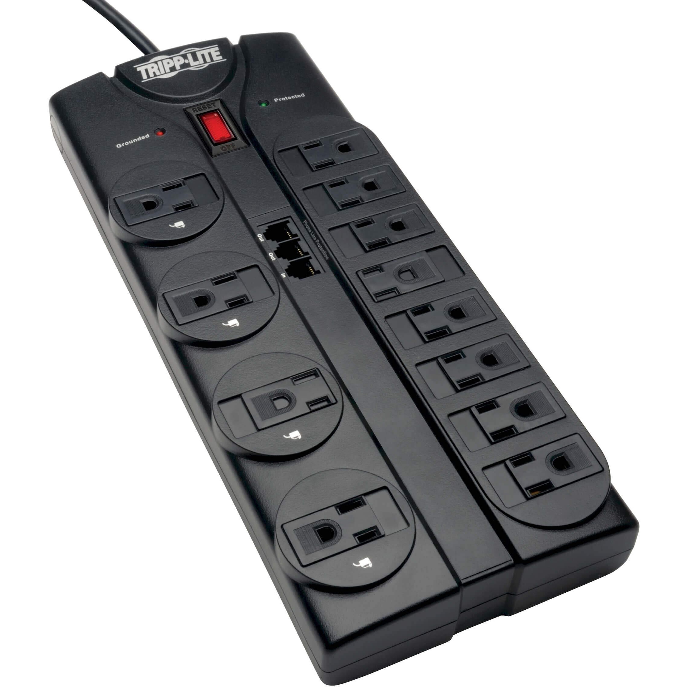 Tripp Lite 12 Outlet Surge Protector Power Strip, 8Ft Cord, Right-Angle Plug, Tel/Modem Protection, Rj11, 150,000 Insurance (Tlp1208Tel), Black