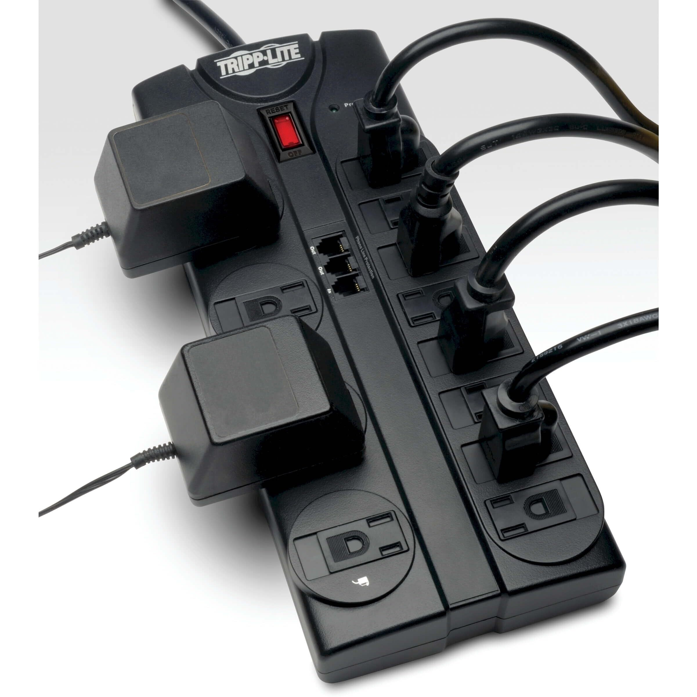 Tripp Lite 12 Outlet Surge Protector Power Strip, 8Ft Cord, Right-Angle Plug, Tel/Modem Protection, Rj11, 150,000 Insurance (Tlp1208Tel), Black