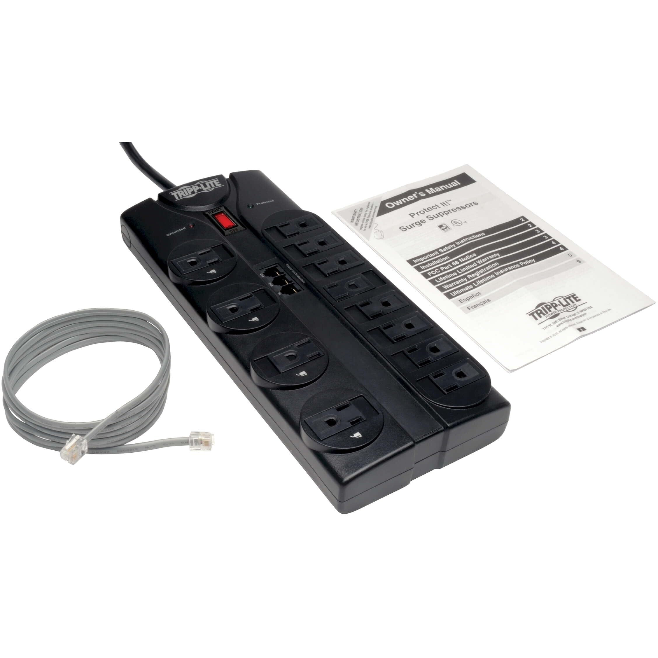 Tripp Lite 12 Outlet Surge Protector Power Strip, 8Ft Cord, Right-Angle Plug, Tel/Modem Protection, Rj11, 150,000 Insurance (Tlp1208Tel), Black