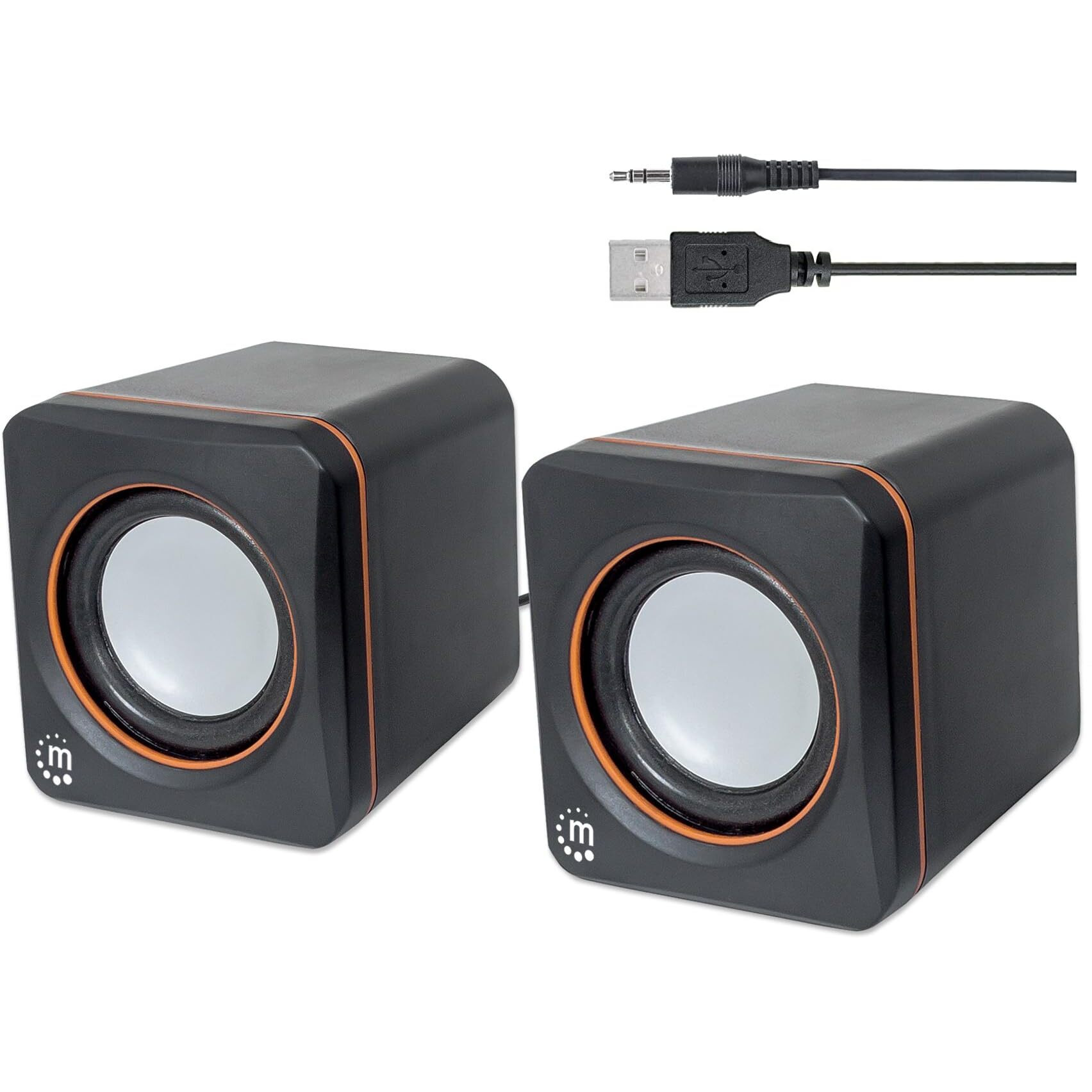 Manhattan Usb Powered Stereo Speaker System - Small Size - With Volume Control & 3.5 Mm Aux Audio Plug To Connect To Laptop, Notebook, Desktop, Computer - 3 Yr Mfg Warranty - Black Orange, 161435