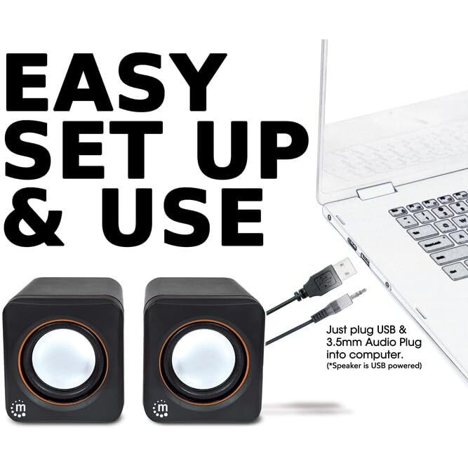Manhattan Usb Powered Stereo Speaker System - Small Size - With Volume Control & 3.5 Mm Aux Audio Plug To Connect To Laptop, Notebook, Desktop, Computer - 3 Yr Mfg Warranty - Black Orange, 161435