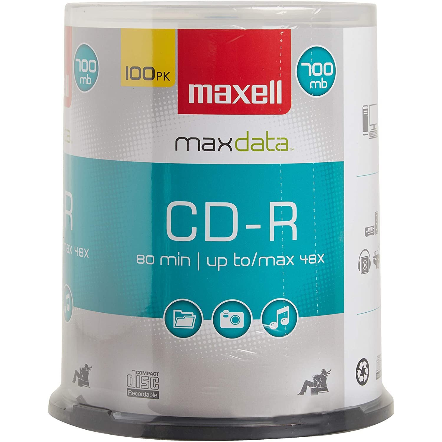 Maxell - 648200, Premium Quality Noise Free Surface Playback Recordable Cds 700Mb Storage - 2X To 48X, Write Speed 80 Minutes - Blank Cds, Cd Storage & Reusable Spindle Case Holder - 100 Pack