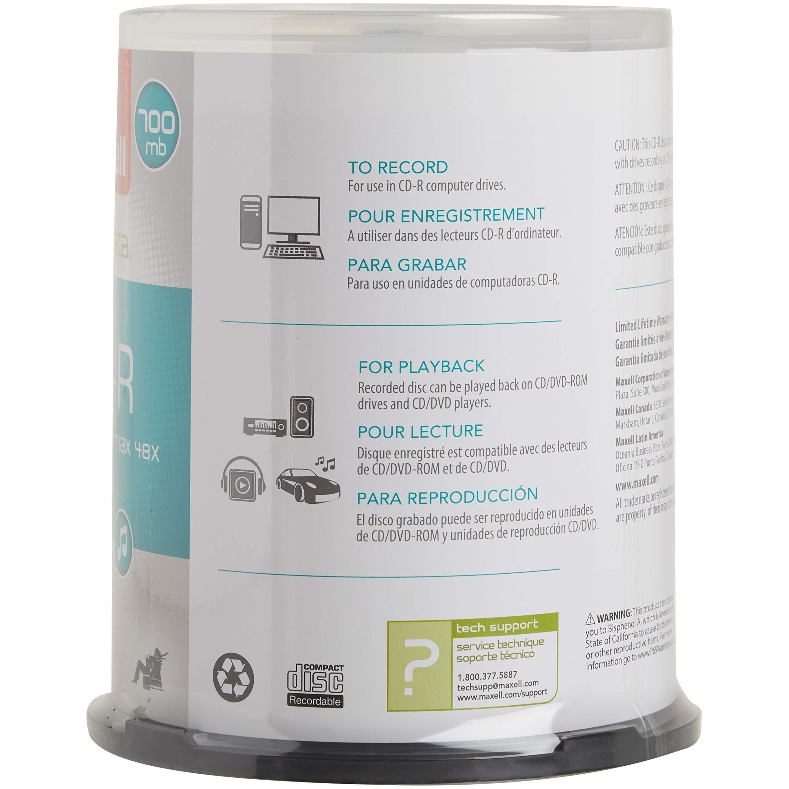 Maxell - 648200, Premium Quality Noise Free Surface Playback Recordable Cds 700Mb Storage - 2X To 48X, Write Speed 80 Minutes - Blank Cds, Cd Storage & Reusable Spindle Case Holder - 100 Pack