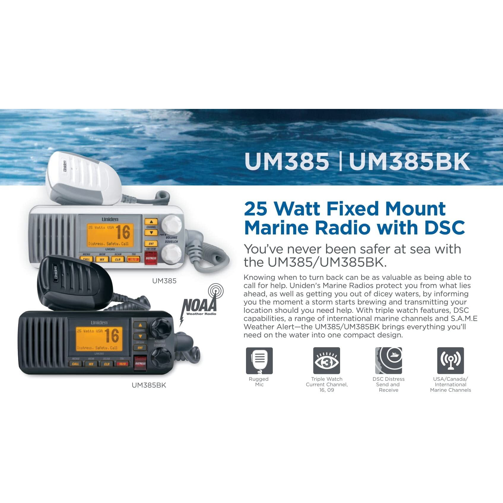 Uniden Um385 25 Watt Fixed Mount Marine Vhf Radio, Waterproof Ipx4 With Triple Watch, Dsc, Emergency/Noaa Weather Alert, All Usa/International/Canadian Marine Channels, Memory Channel Scan, White