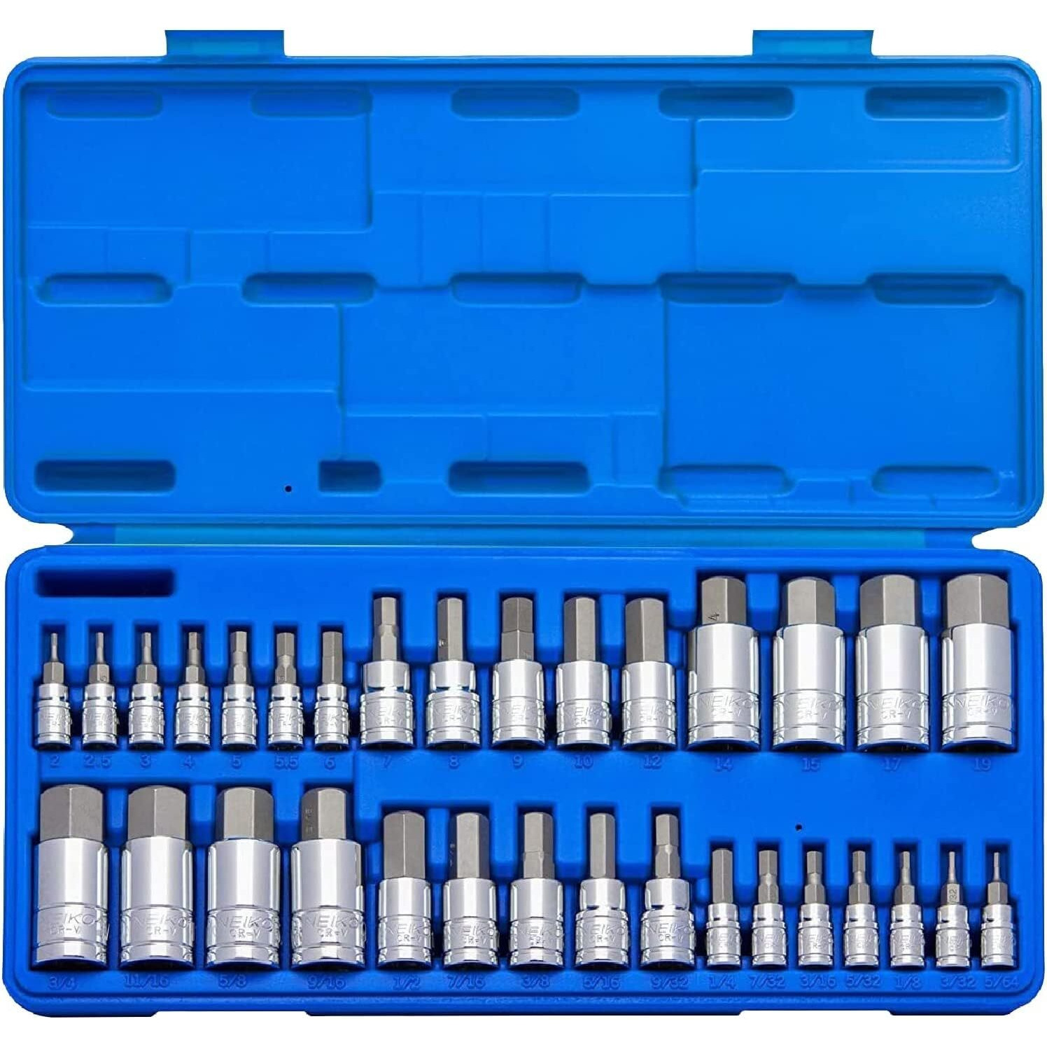 Neiko 10288A Allen Hex Bit Socket Set, 32 Piece Sae And Metric Allen Socket Set, Allen Head Hex Key Socket Set Made With S2 Steel