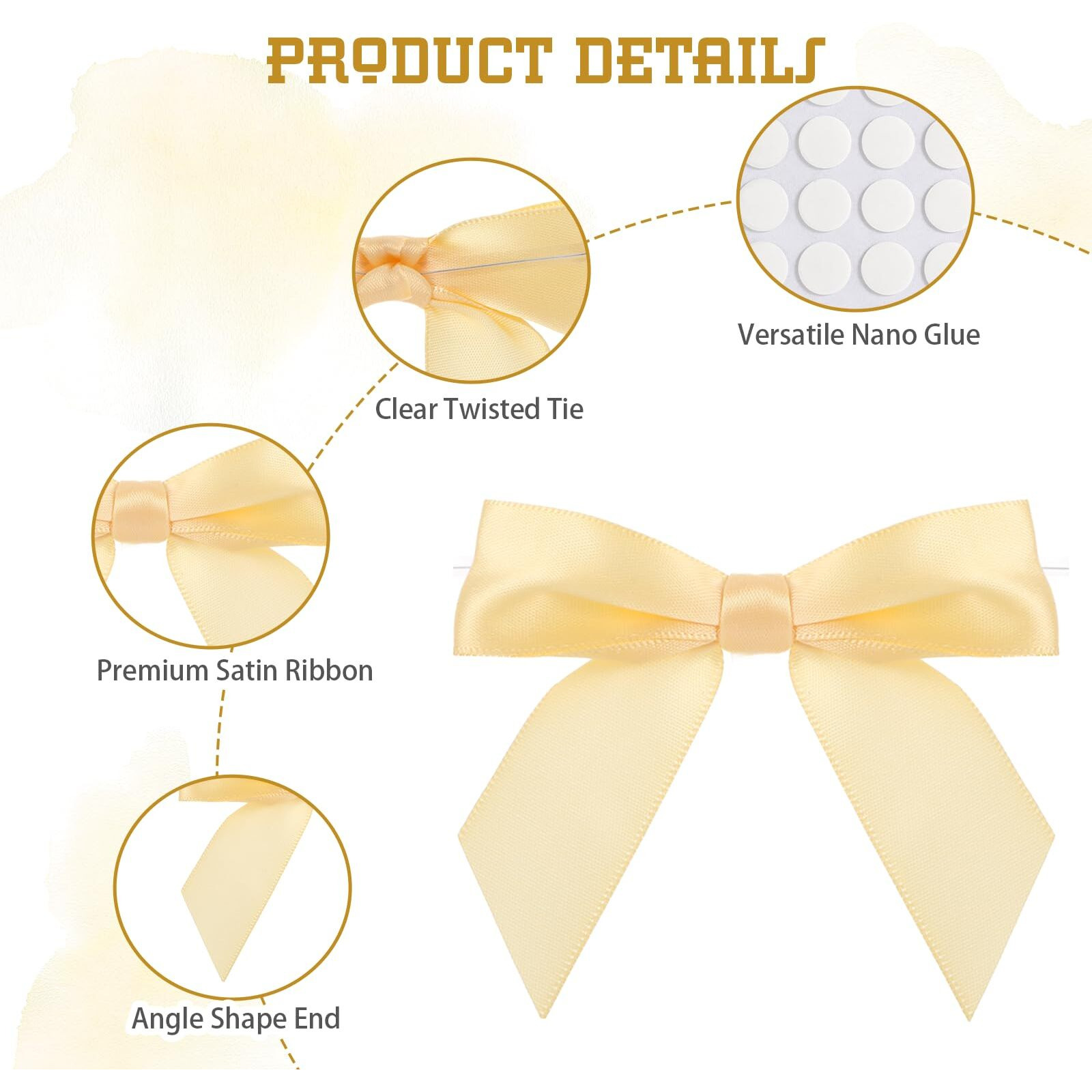 50Pcs Gold Twist Tie Bows, 3.5"" Satin Ribbon Pre Tied Small Gold Bows For Gifts Wrapping Treat Bags Candy Card, Gold Twist Ties For Crafts Wedding Bridal Baby Shower Birthday Christmas Decorations