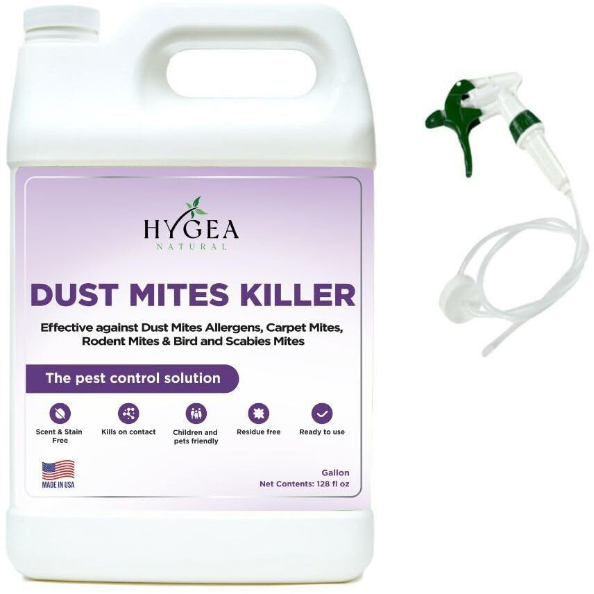 Hygea Natural Dust Mite Spray - Eliminates Dust Mites, Carpet Mites, Rodent Mites, Bird & Scabies Mites - Pet & Child Friendly, Eco-Friendly - 128Oz (Unscented)