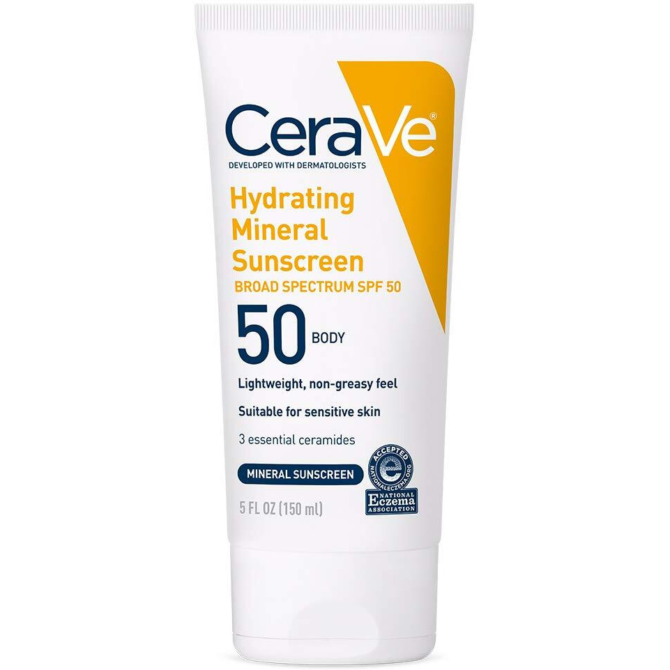 Cerave 100% Mineral Sunscreen Spf 50 With Zinc Oxide & Titanium Dioxide, Hyaluronic Acid & Ceramides, Oil Free & Non-Greasy, Hydrating Mineral Sunscreen For Body, 5 Oz
