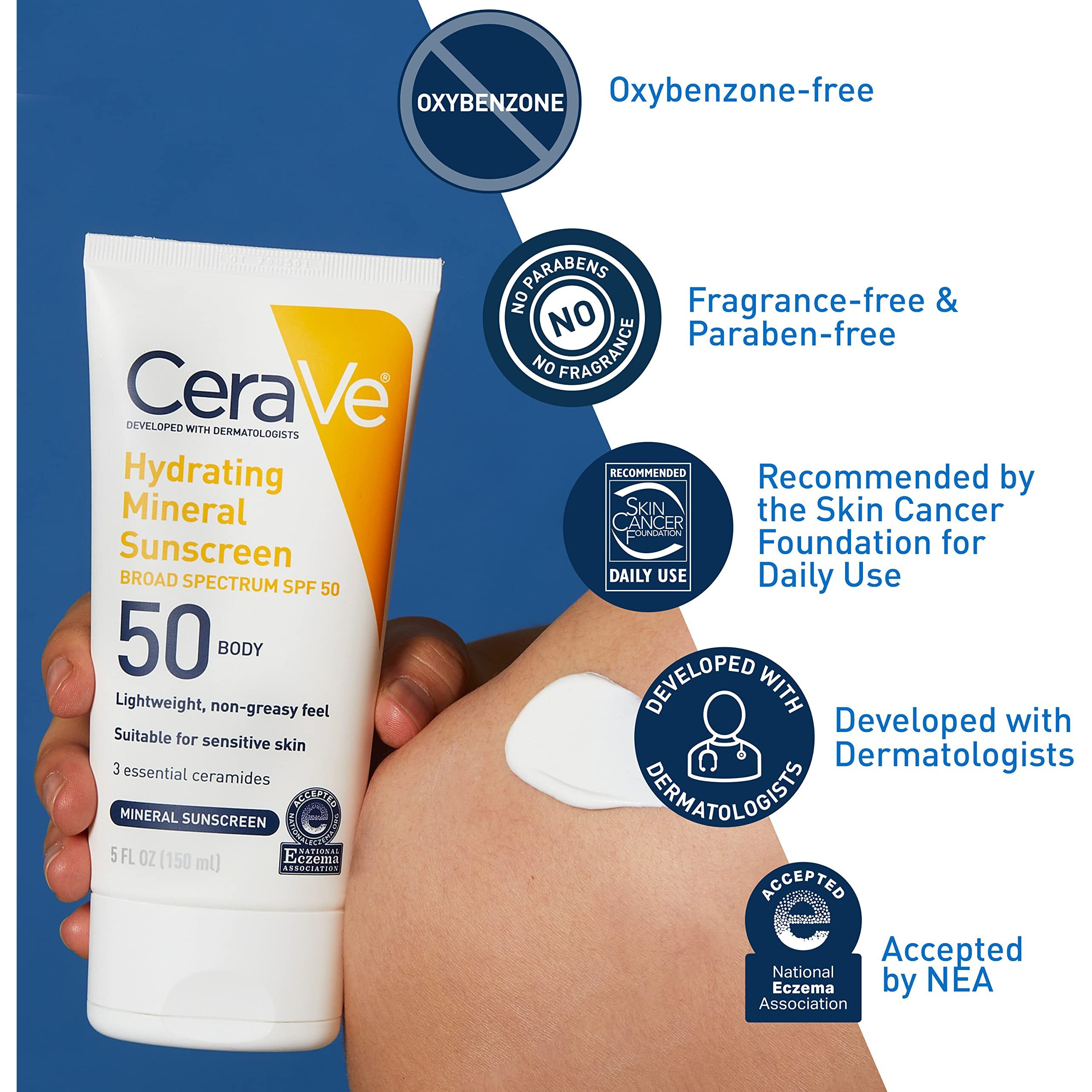 Cerave 100% Mineral Sunscreen Spf 50 With Zinc Oxide & Titanium Dioxide, Hyaluronic Acid & Ceramides, Oil Free & Non-Greasy, Hydrating Mineral Sunscreen For Body, 5 Oz