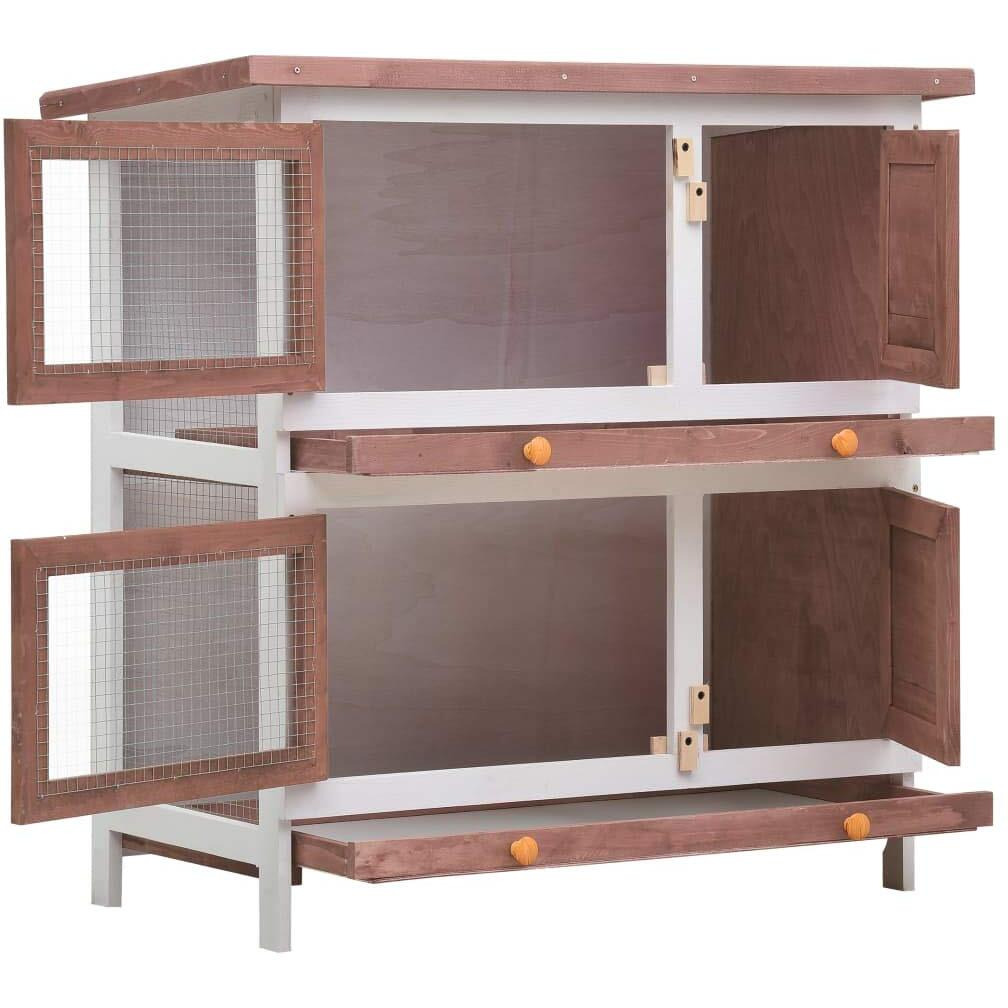 'Vidaxl 2-Layer Outdoor Rabbit Hutch With Waterproof Green Roof, Iron Wire Mesh, Pull-Out Trays, And 4 Doors - Brown And White Wooden Pet Enclosure