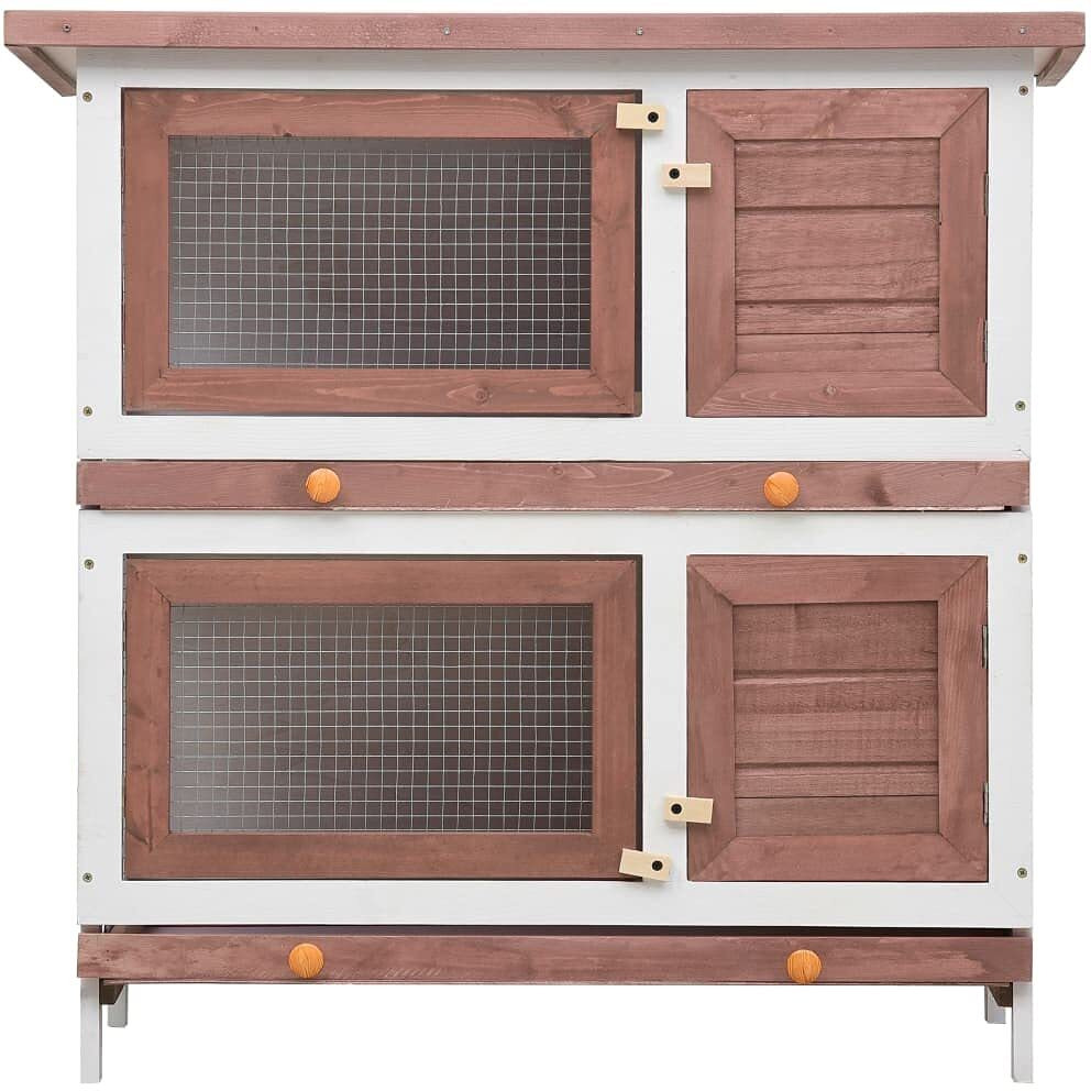 'Vidaxl 2-Layer Outdoor Rabbit Hutch With Waterproof Green Roof, Iron Wire Mesh, Pull-Out Trays, And 4 Doors - Brown And White Wooden Pet Enclosure