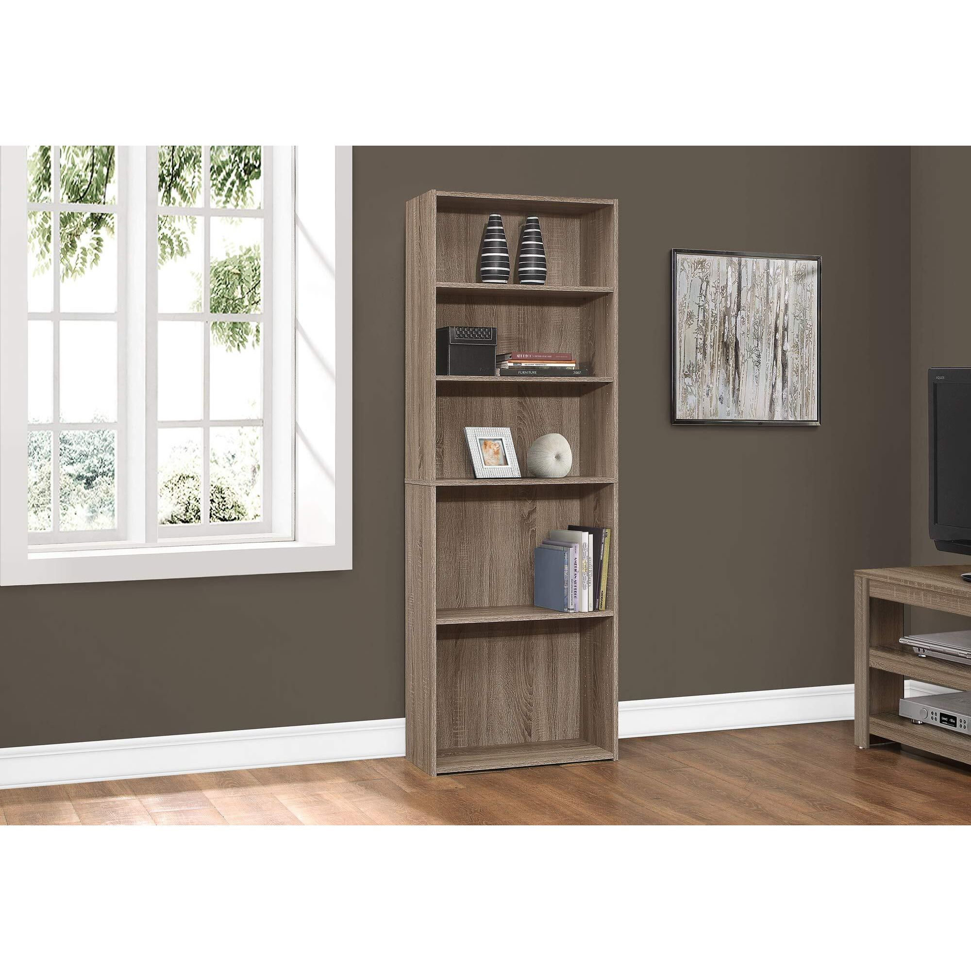 Monarch Specialties Bookcase-72 H/Dark Taupe With 5 Shelves Bookcase, Brown