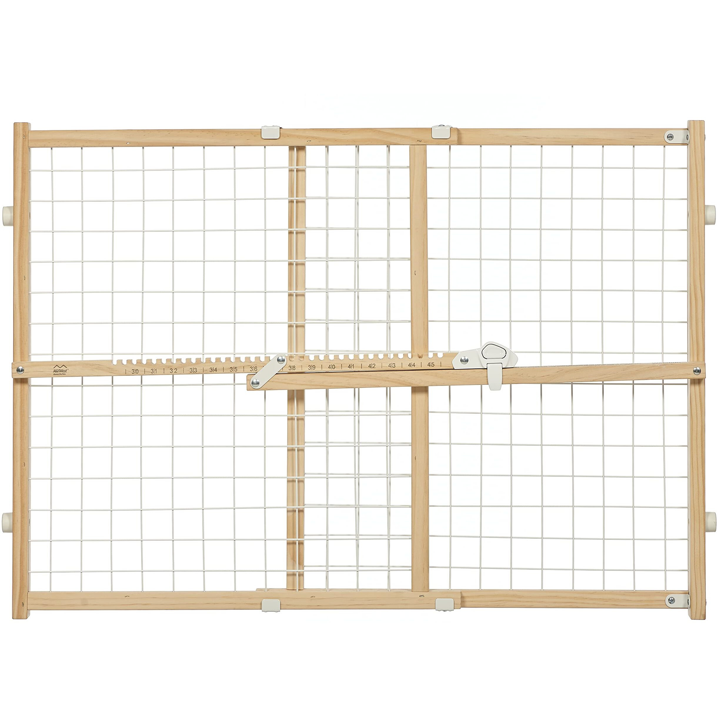 Midwest Homes For Pets Wire Mesh Pet Safety Gate, Pressure Mounted Dog Gate Measures 24 Inches Tall & Expands To 27-41.5 Inches Wide, Natural Wood & White Powder Coated Wire Mesh