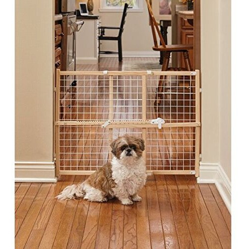 Midwest Homes For Pets Wire Mesh Pet Safety Gate, Pressure Mounted Dog Gate Measures 24 Inches Tall & Expands To 27-41.5 Inches Wide, Natural Wood & White Powder Coated Wire Mesh