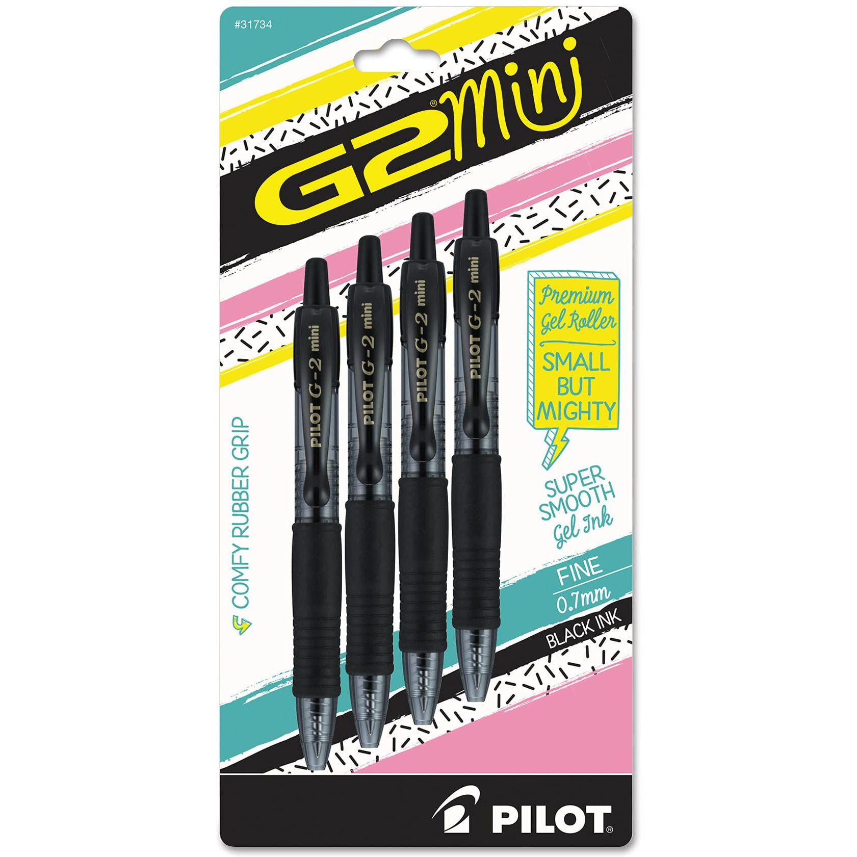 Pilot G2 Mini Gel Pen, Retractable, Fine 0.7 Mm, Black Ink, Black Barrel, 4/Pack