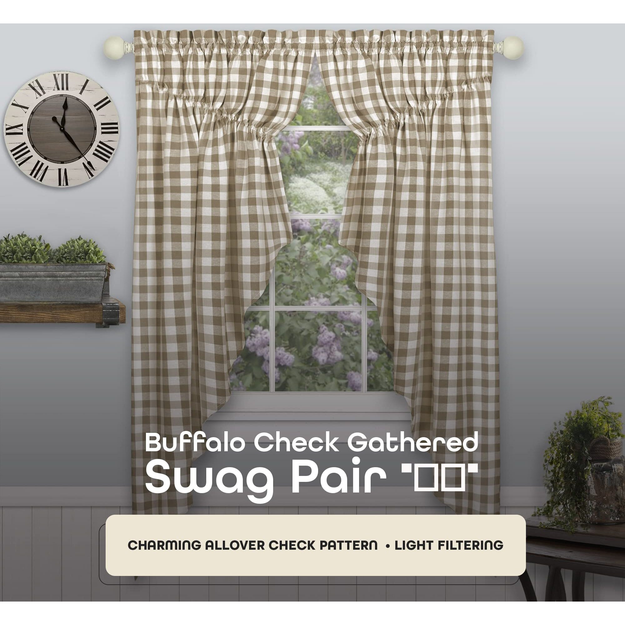Buffalo Check Gathered Swag Window Curtain Pair - 72 Inch Width, 63 Inch Length - Taupe & Ivory Plaid - Light Filtering Farmhouse Country Drapes For Bedroom Living & Dining Room By Achim Home Decor