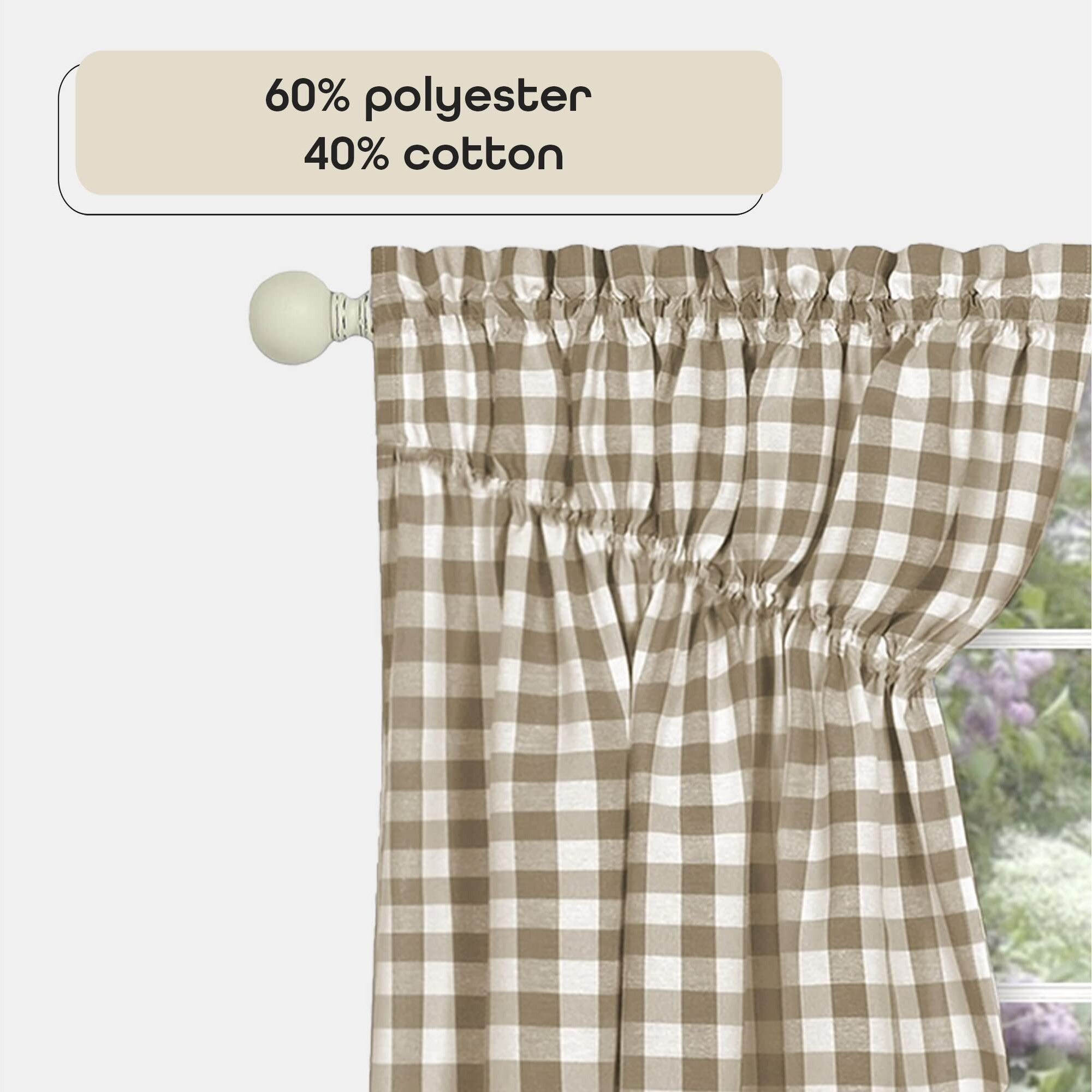 Buffalo Check Gathered Swag Window Curtain Pair - 72 Inch Width, 63 Inch Length - Taupe & Ivory Plaid - Light Filtering Farmhouse Country Drapes For Bedroom Living & Dining Room By Achim Home Decor