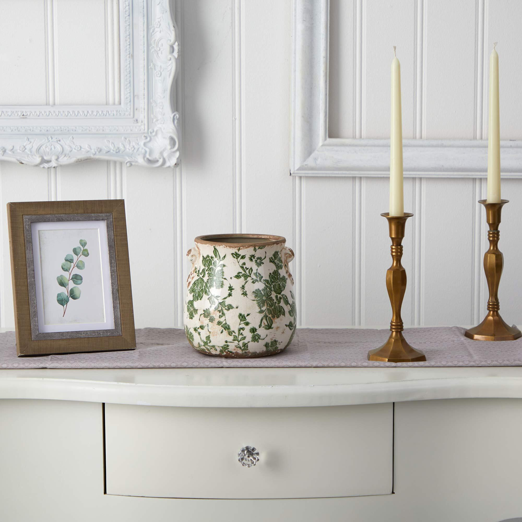 6.5In. Tuscan Ceramic Green Scroll Planter