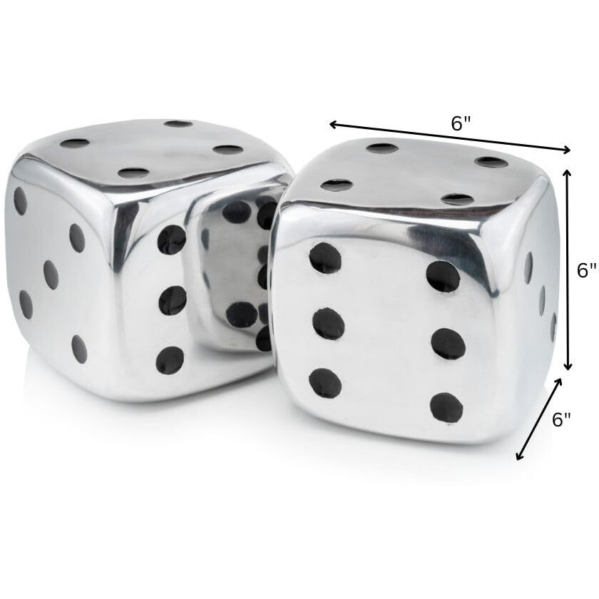 Modern Day Accents 4104 Dados Decorative Dice, Silver With Black Dots, Vegas Decor, Man Cave, Bar Decor Tabletop, Centerpiece, Sculpture, 6"", Set Of 2