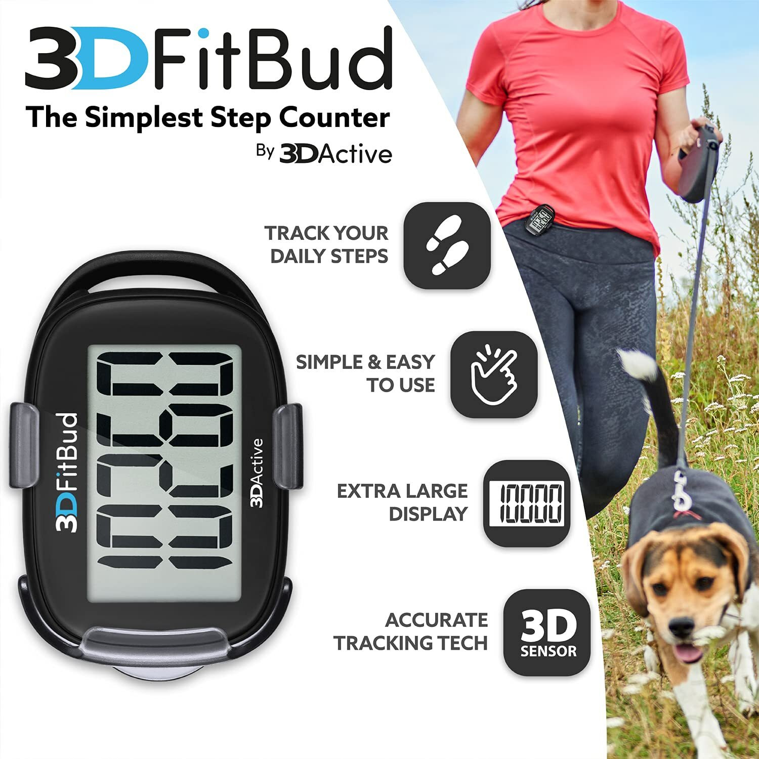 3Dfitbud Simple Step Counter Walking 3D Pedometer From 3Dactive With Clip & Lanyard - A420S - Black