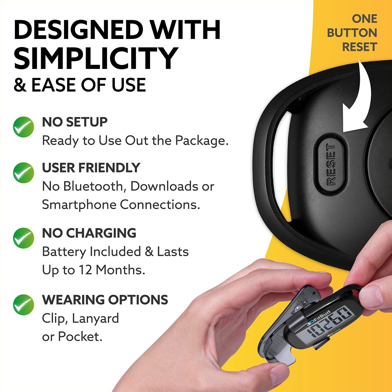 3Dfitbud Simple Step Counter Walking 3D Pedometer From 3Dactive With Clip & Lanyard - A420S - Black