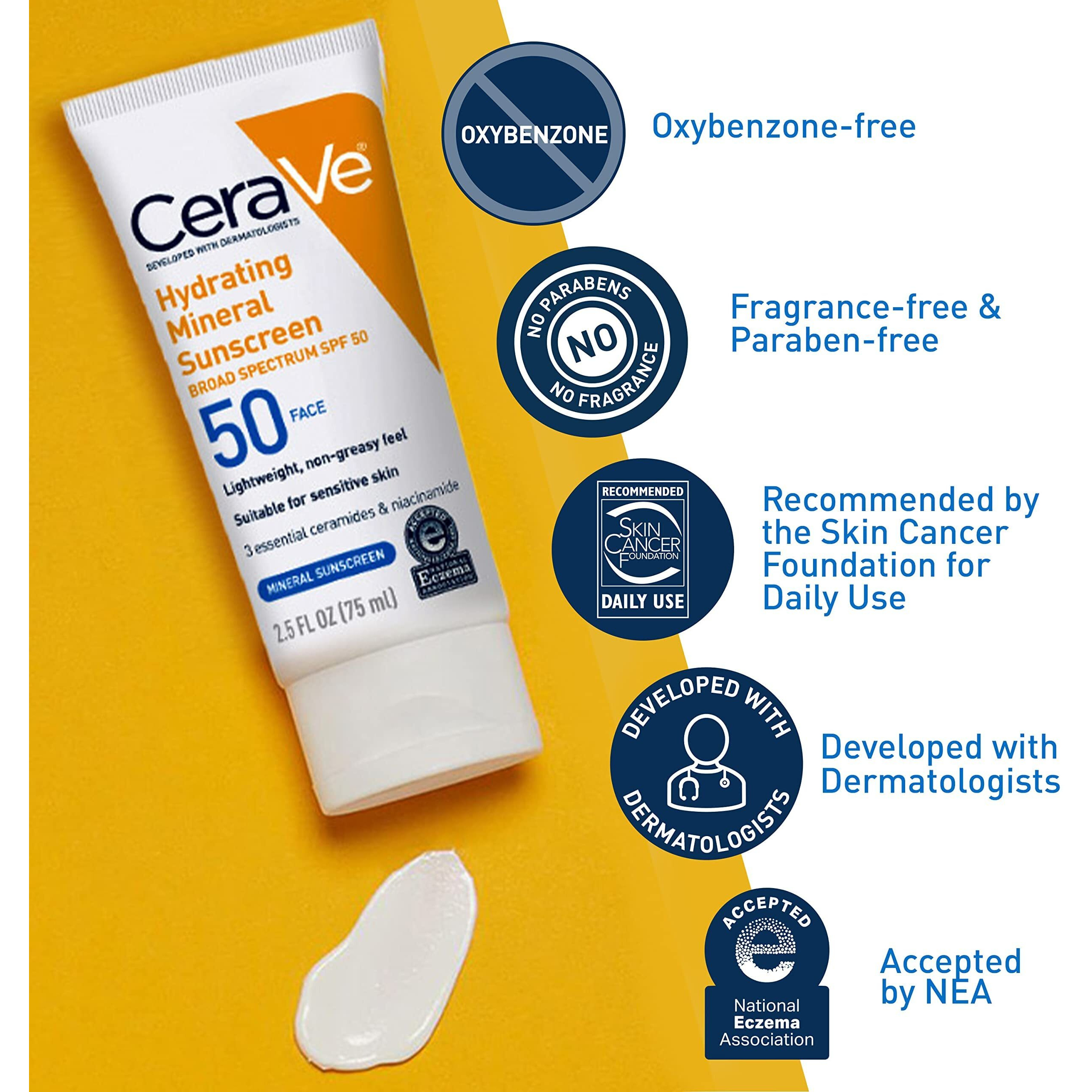 Cerave 100% Mineral Sunscreen Spf 50, Face Sunscreen With Zinc Oxide & Titanium Dioxide, Hyaluronic Acid + Niacinamide + Ceramides, Oil Free, Travel Size 2.5 Oz