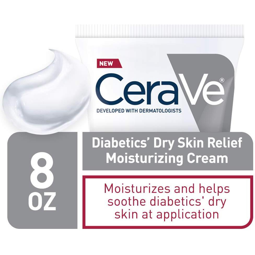 Cerave Moisturizing Cream For Diabetics Dry Skin, Urea Cream With Bilberry For Face And Body, Fragrance Free & Paraben Free, 8 Ounce
