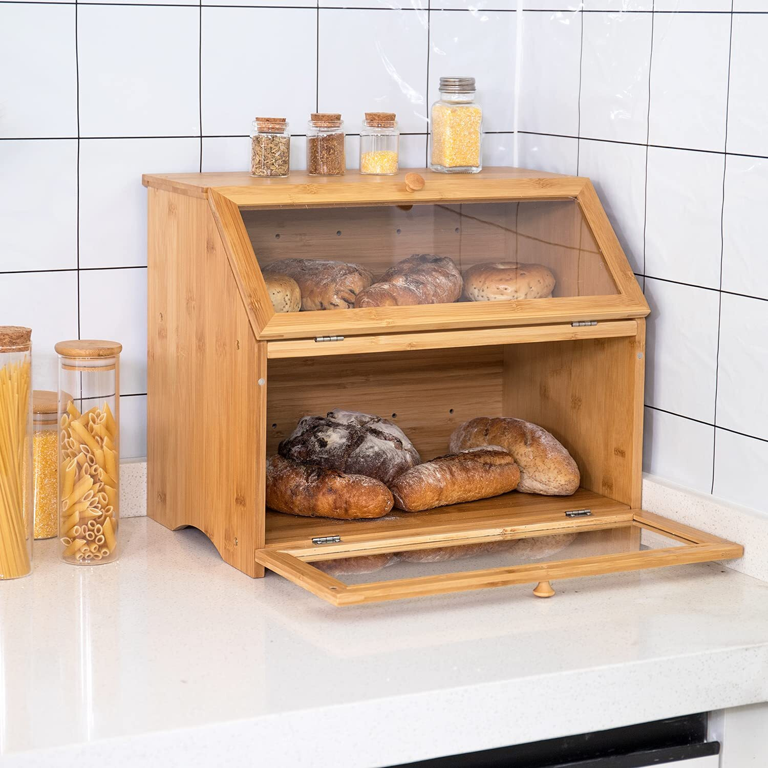 Homekoko Double Layer Large Bread Box For Kitchen Counter, Wooden Large Capacity Bread Storage Bin (Natural Bamboo)