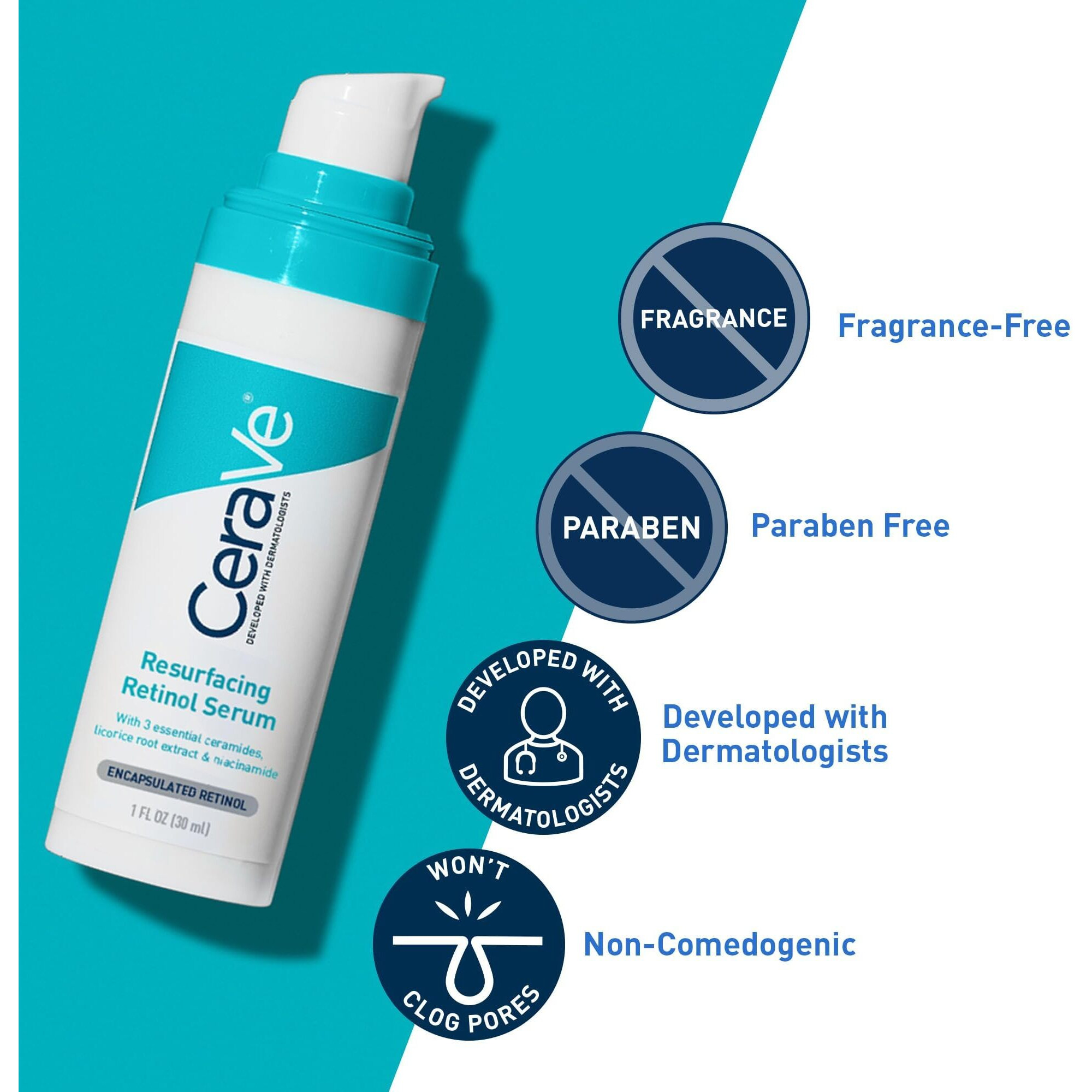 Cerave Resurfacing Retinol Serum For Post Acne Marks, Formulated With Licorice Root Extract & Niacinamide, Brightening Serum & Pore Minimizer For Face, Post Acne Skin Barrier Repair, Non-Comedogenic