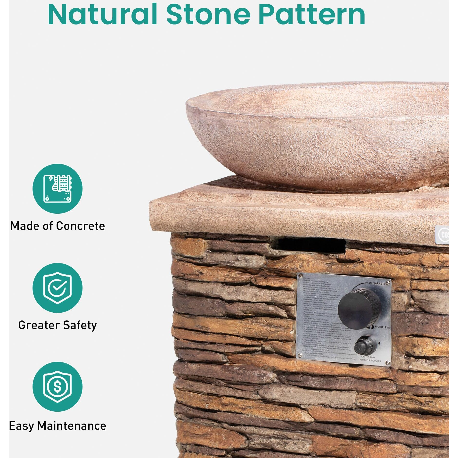 Sunbury Outdoor Propane Fire Pit, Gas Fire Pit For Outside Patio, Outdoor Fire Table Fire Column 40,000 Btu W Lava Rocks, Waterproof Cover
